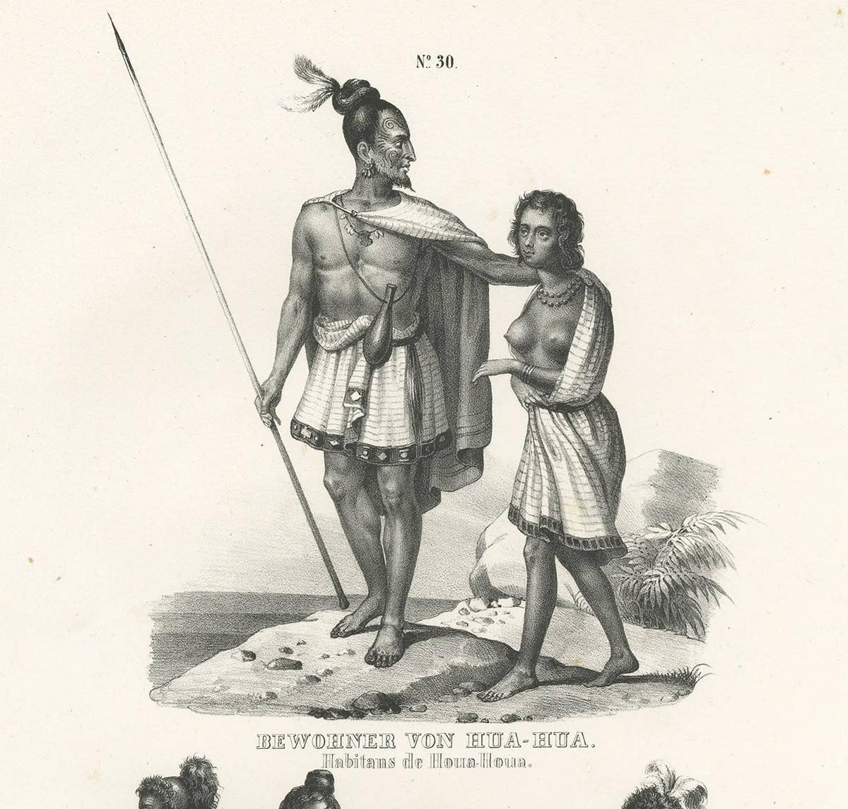Antique Print of Natives of Hua-Hua and New Zealand by Honegger '1836'