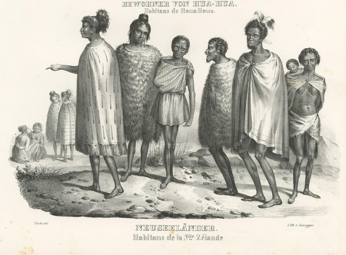 Antique Print of Natives of Hua-Hua and New Zealand by Honegger '1836' In Good Condition For Sale In Langweer, NL