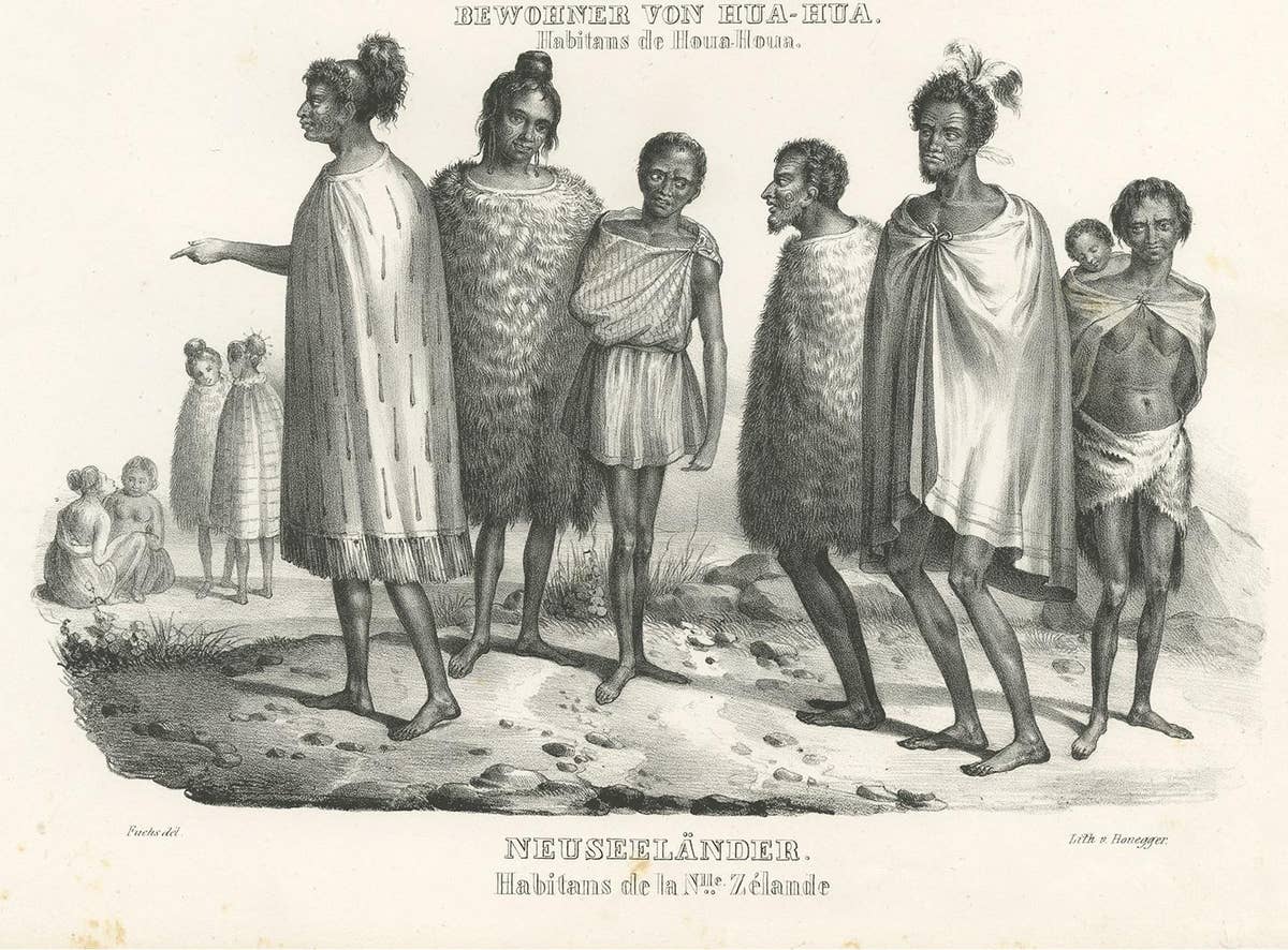 Antique Print of Natives of Hua-Hua and New Zealand by Honegger '1836'