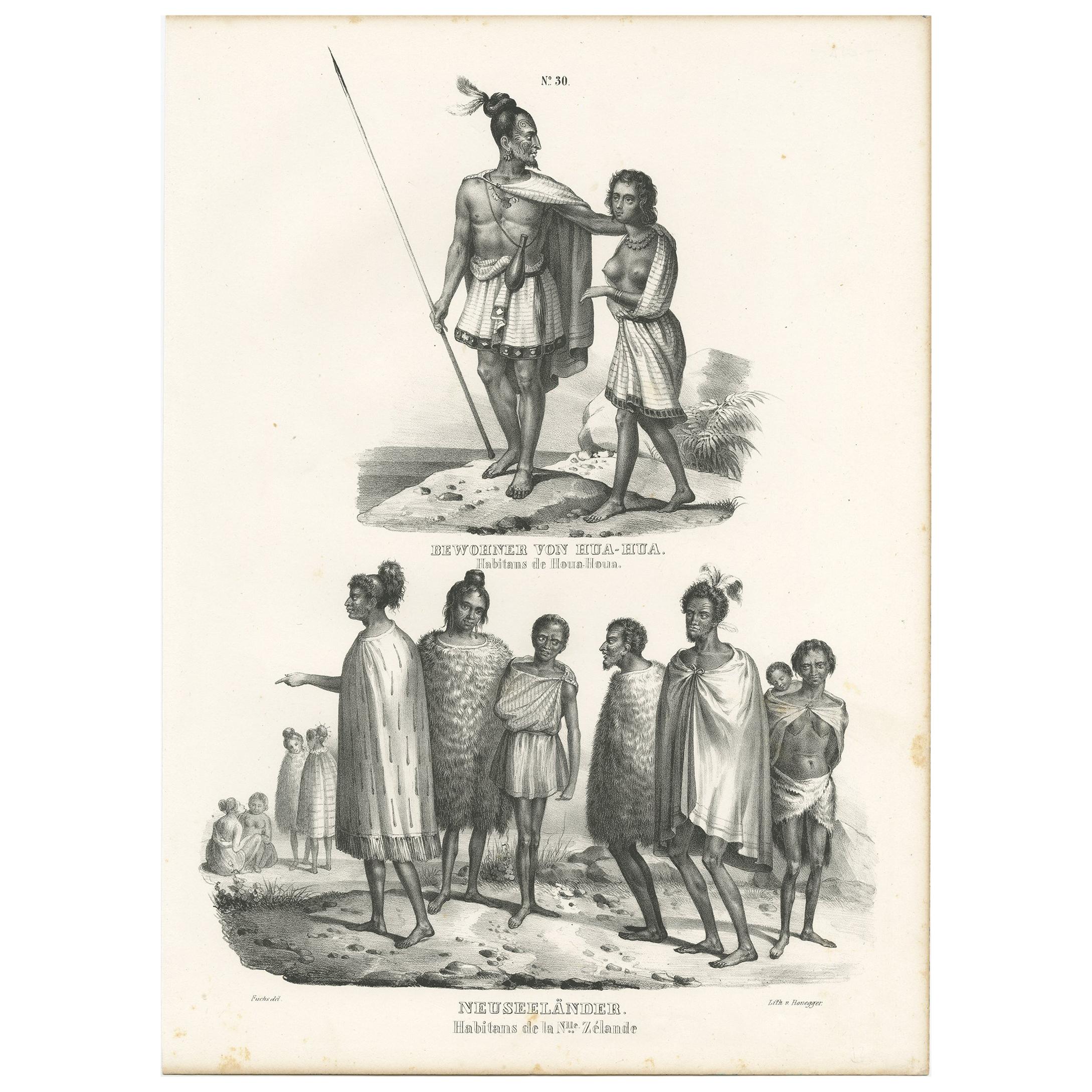 Antique Print of Natives of Hua-Hua and New Zealand by Honegger '1836'