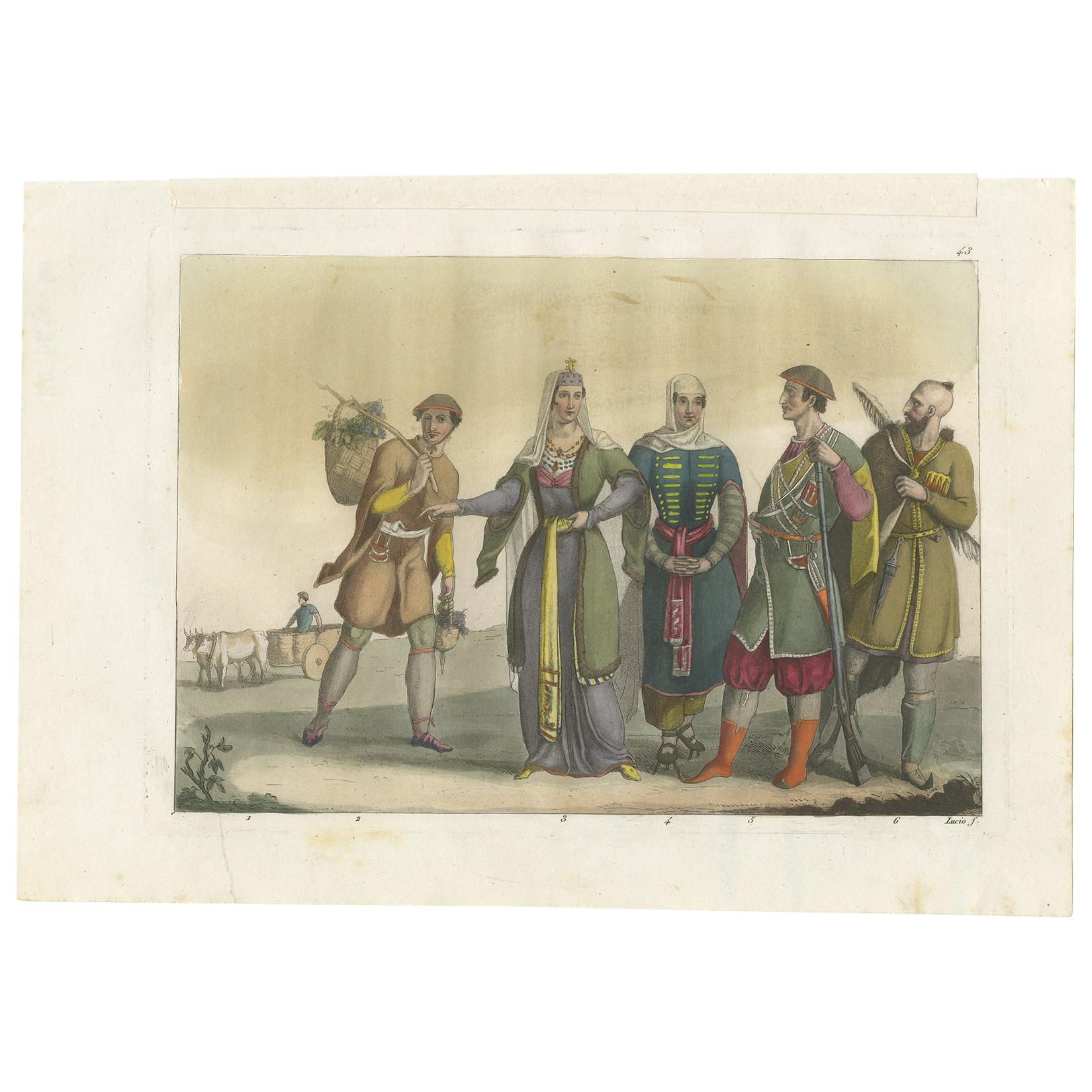 Antique Print of Natives of Imereti and Other People by Ferrario, '1831' For Sale