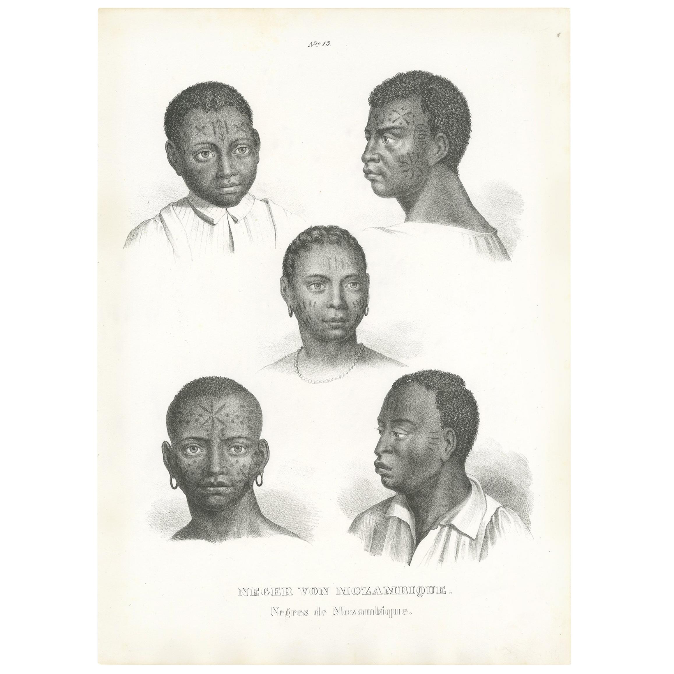 Antiker Druck der aus Mosambik stammenden Ureinwohner von Honegger aus dem Jahr 1845