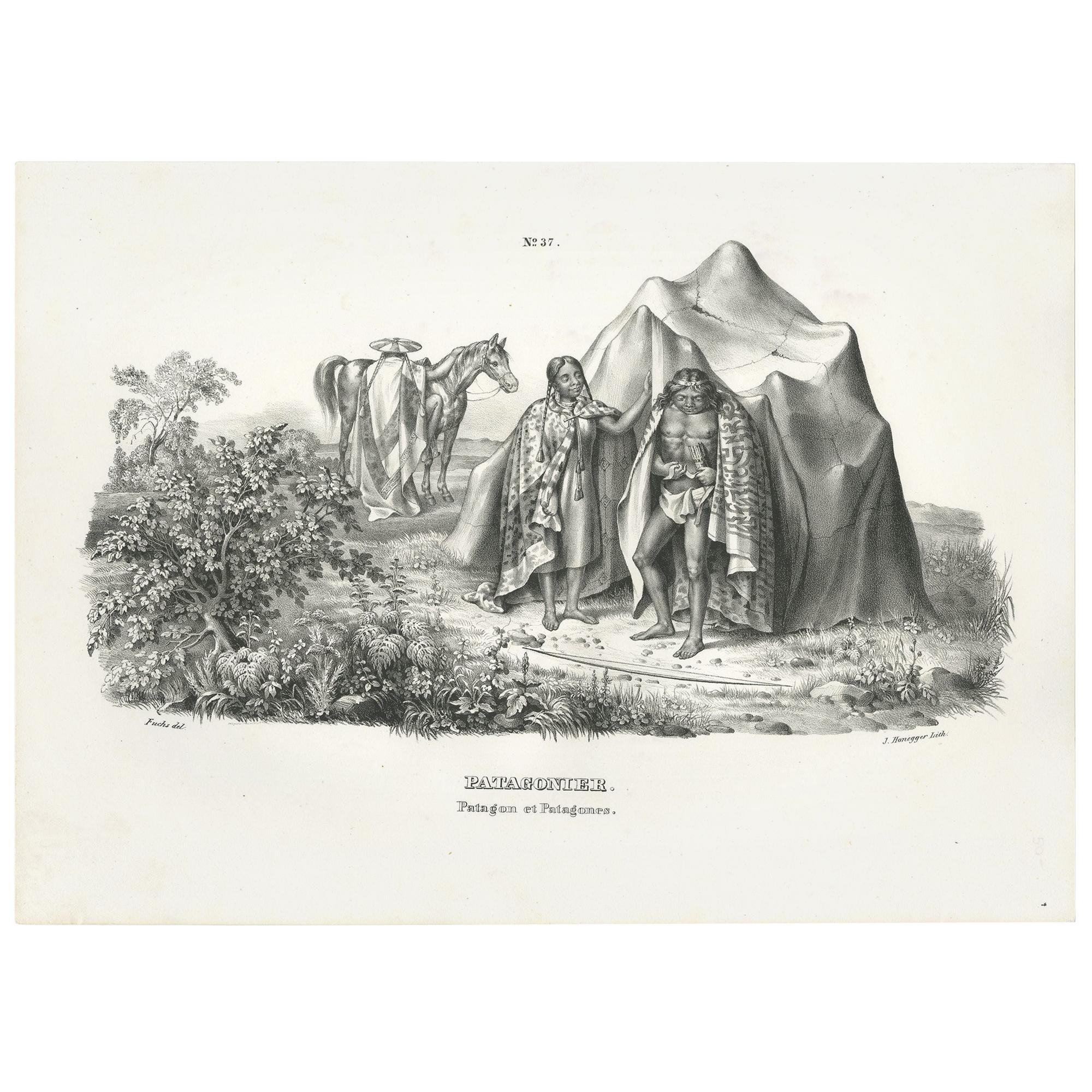 Antique Print of Natives of Patagonia by Honegger (1845) For Sale