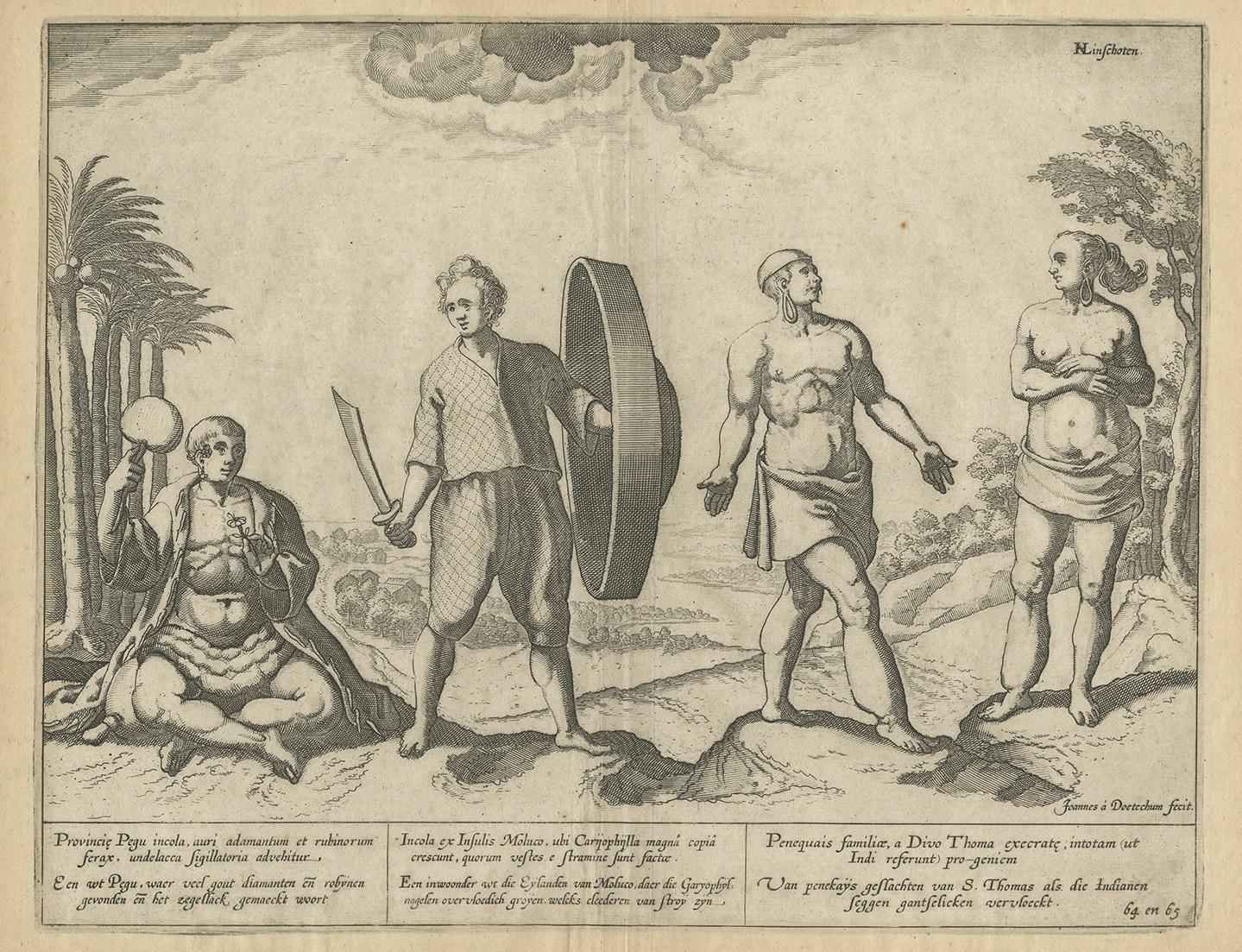 Antique print titled 'Provincie Pegu incola (..) - Incola ex Insulis Moluco (..) - Penequais familiae (..)'. Old print showing various figures including a man from Pegu, a man from the Moluccan islands, Penequais Indians and inhabitants of S.