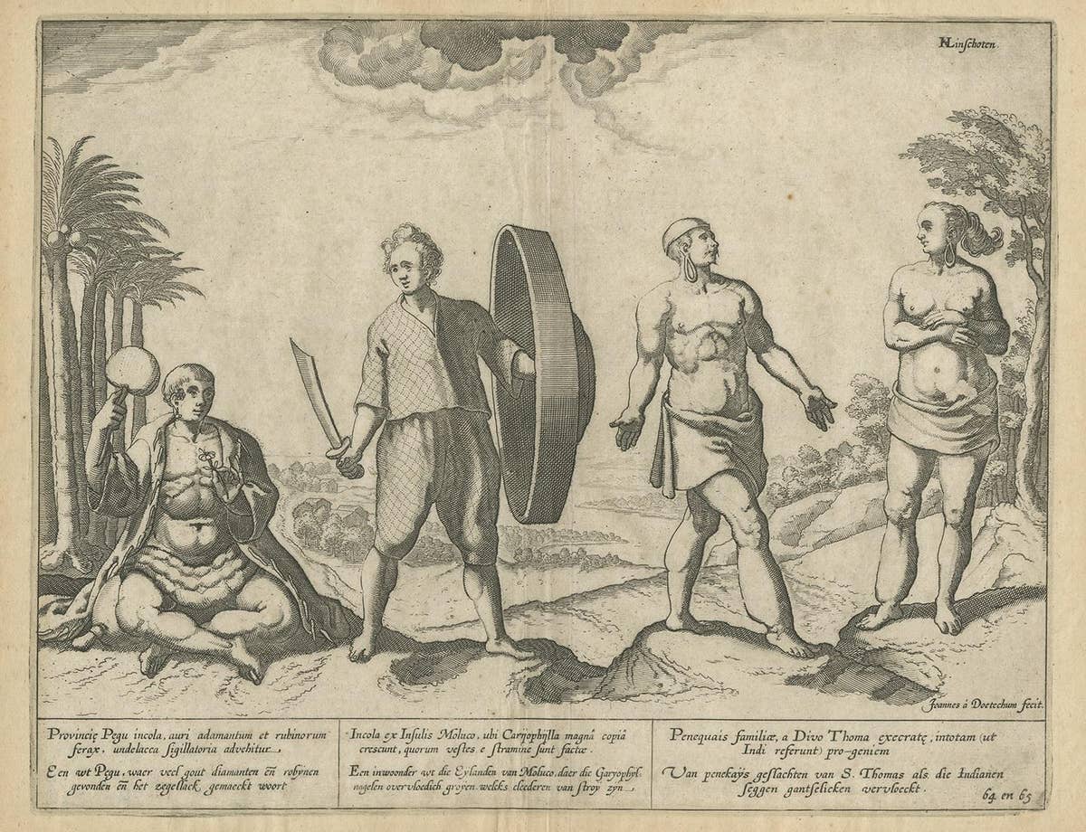 Antique Print of Natives of Southern Asia by Linschoten, circa 1605