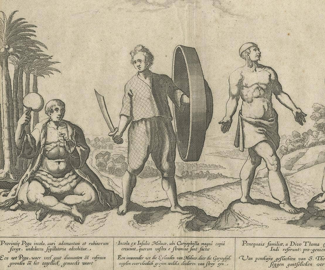 Antique Print of Natives of Southern Asia by Linschoten, circa 1605