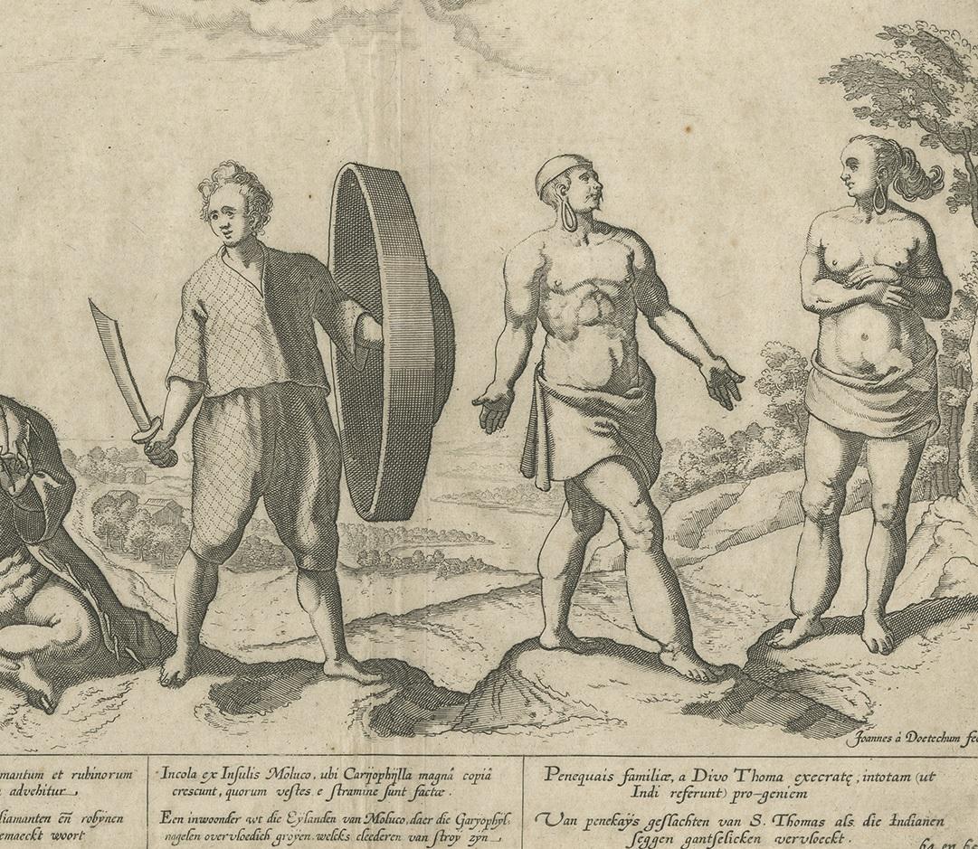 17th Century Antique Print of Natives of Southern Asia by Linschoten, circa 1605 For Sale