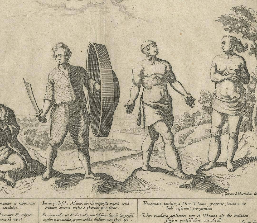 Antique Print of Natives of Southern Asia by Linschoten, circa 1605