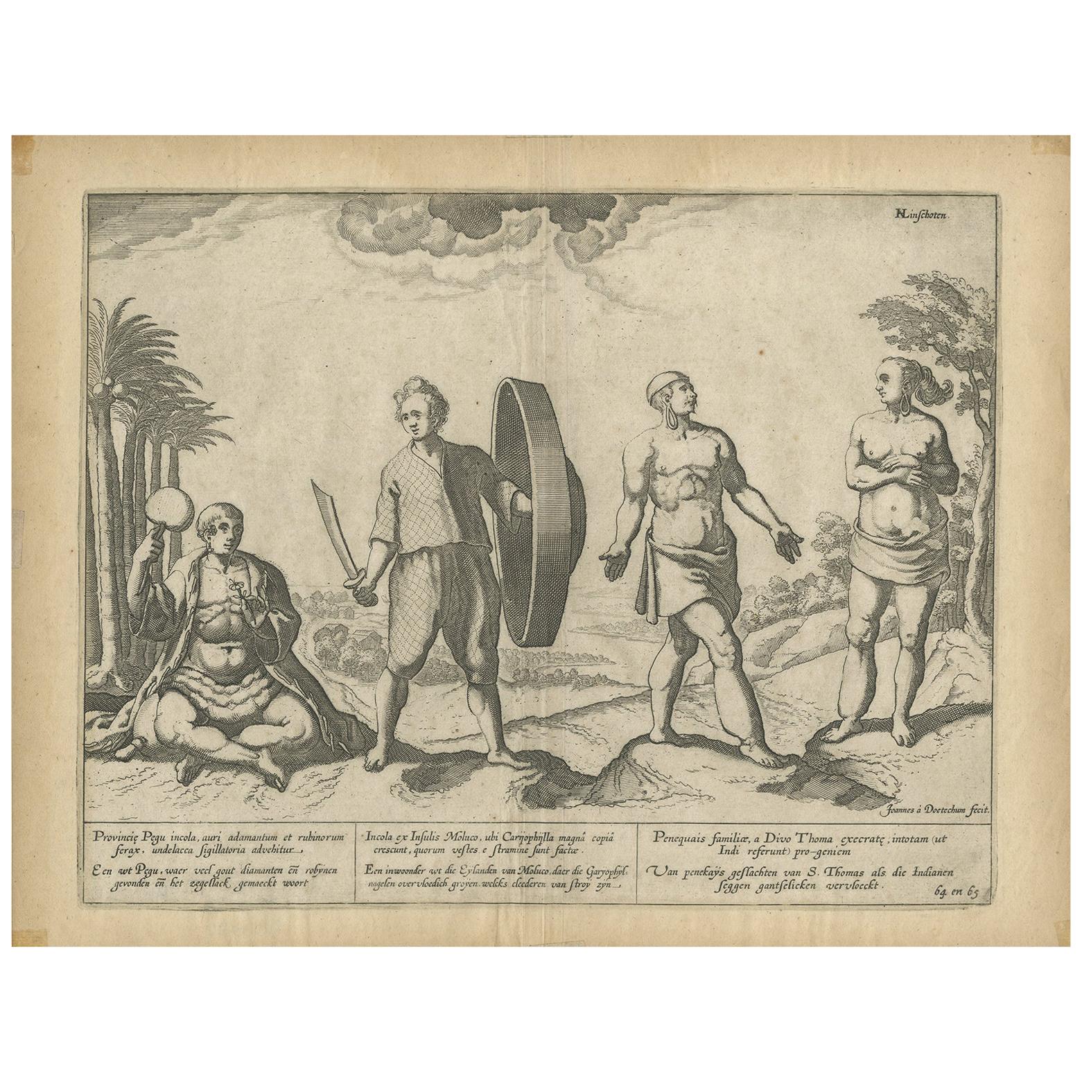 Antique Print of Natives of Southern Asia by Linschoten, circa 1605