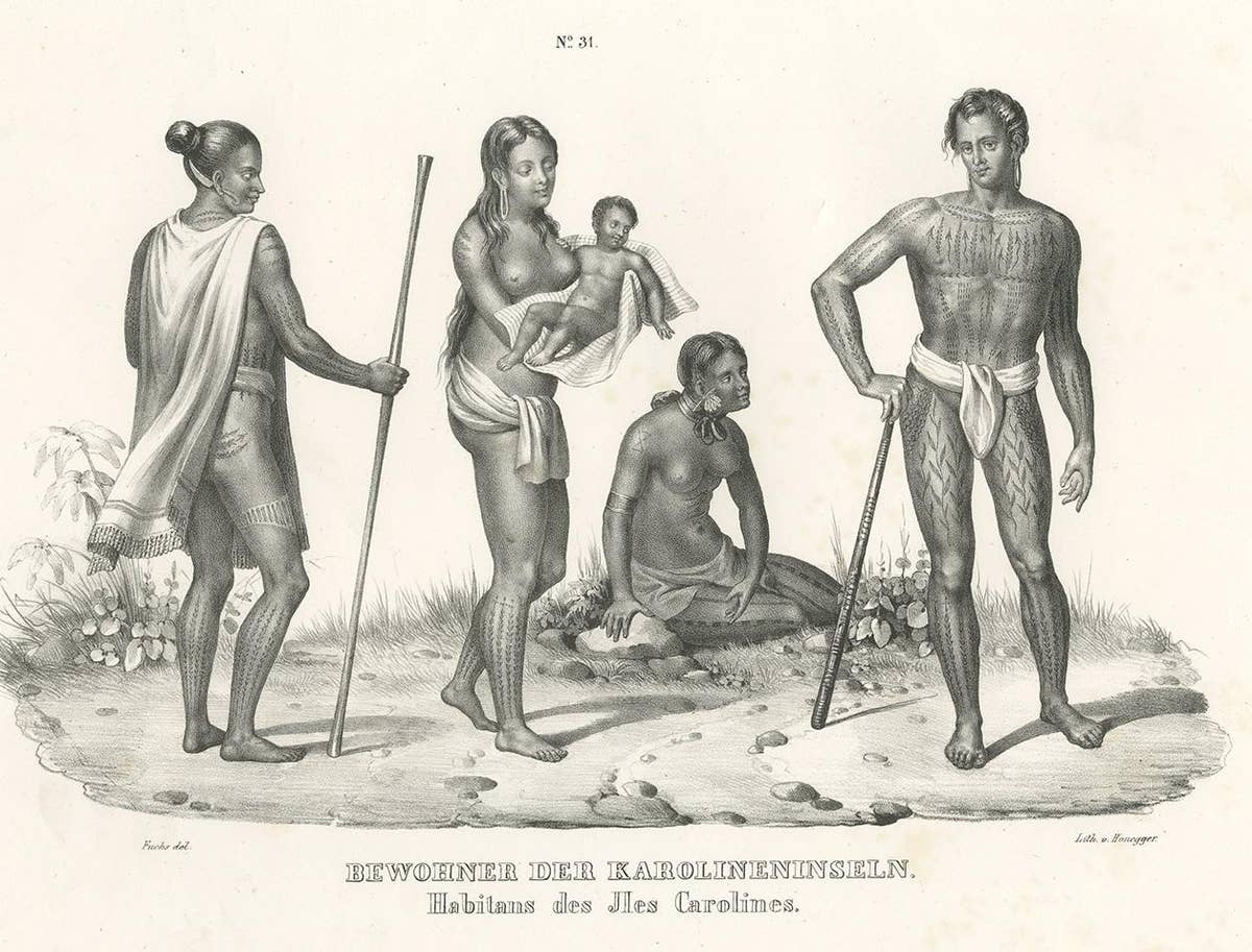 Antique Print of Natives of the Caroline Islands by Honegger, 1836