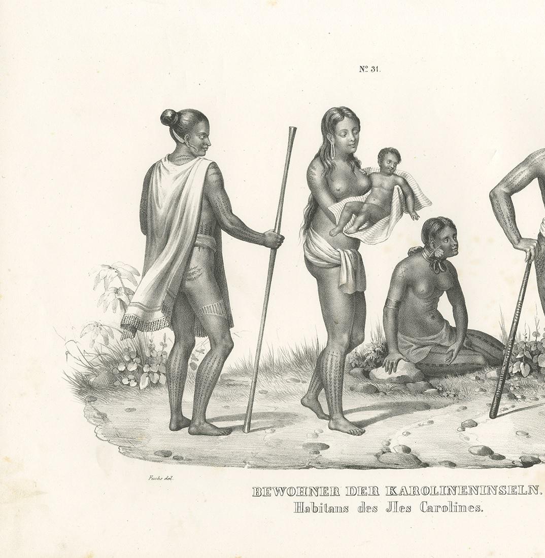 Impression ancienne des autochtones des îles Caroline par Honegger, 1836 Bon état - En vente à Langweer, NL