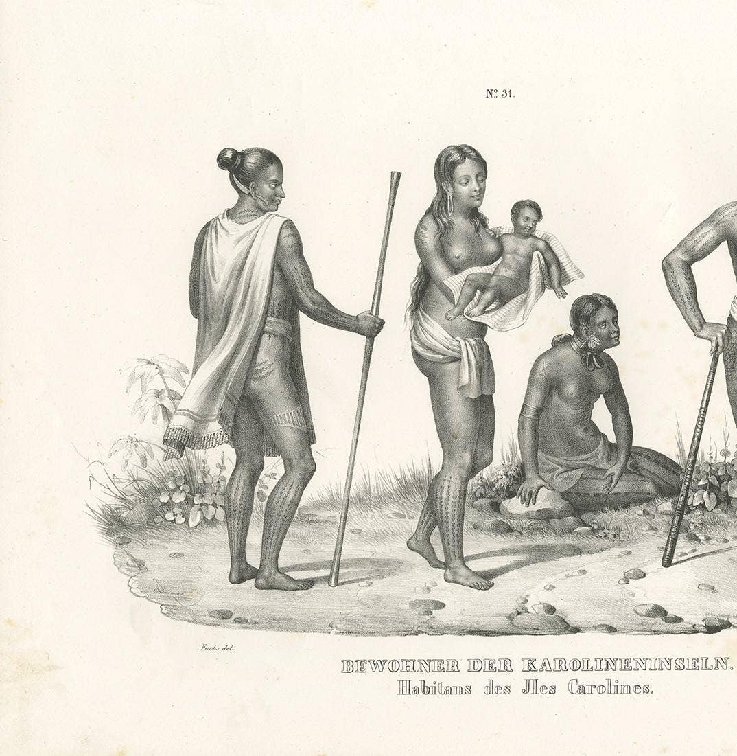 Antique Print of Natives of the Caroline Islands by Honegger, 1836