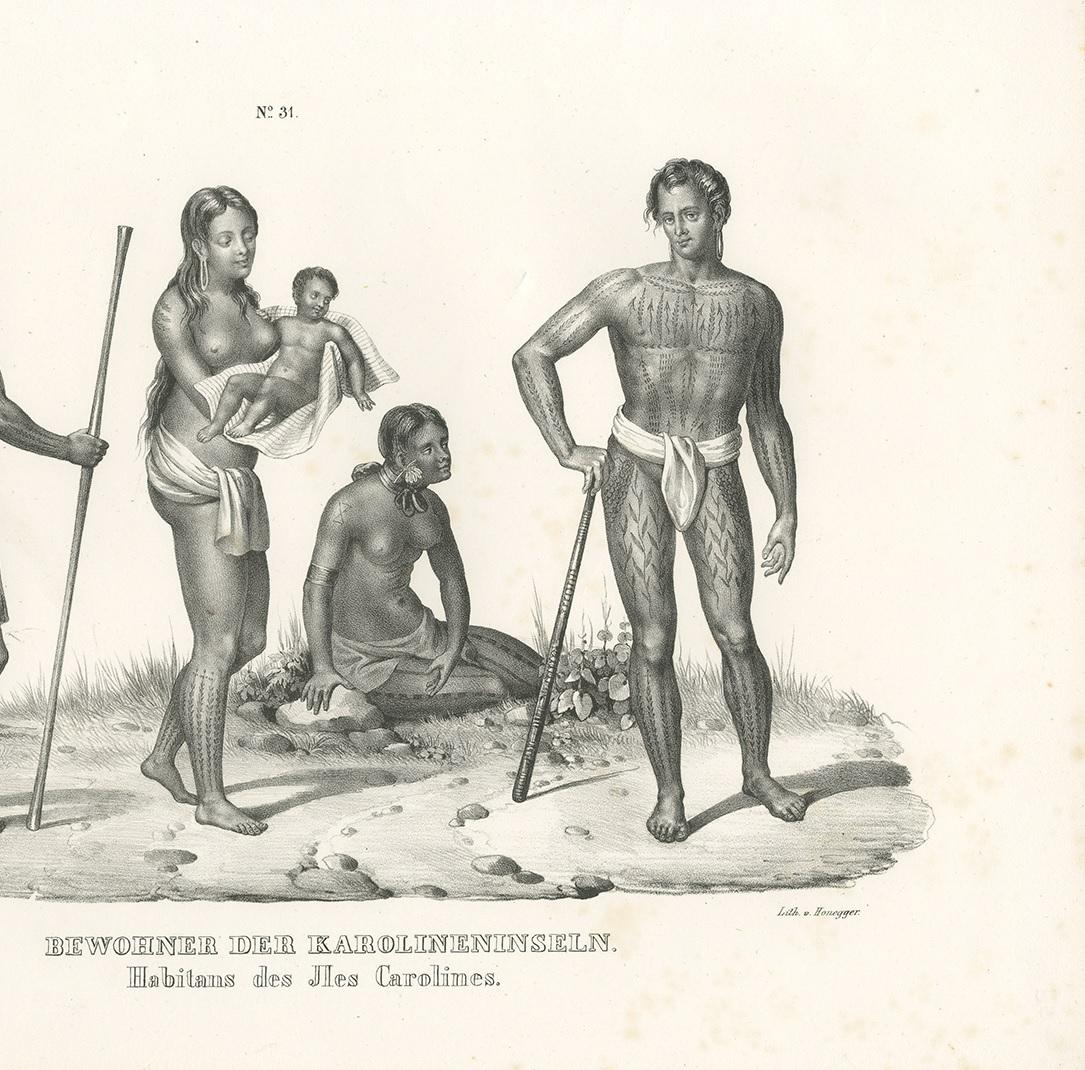 XIXe siècle Impression ancienne des autochtones des îles Caroline par Honegger, 1836 en vente