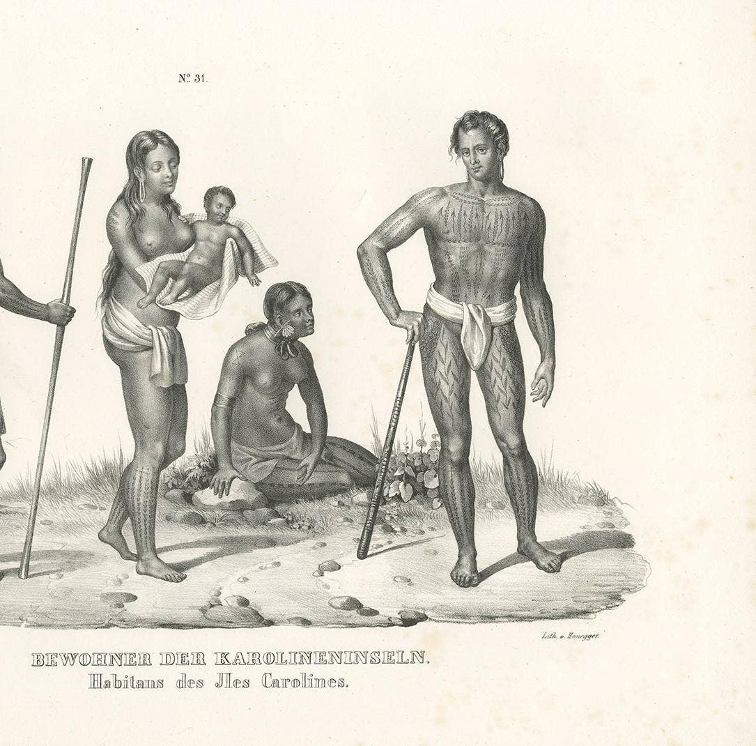 Antique Print of Natives of the Caroline Islands by Honegger, 1836