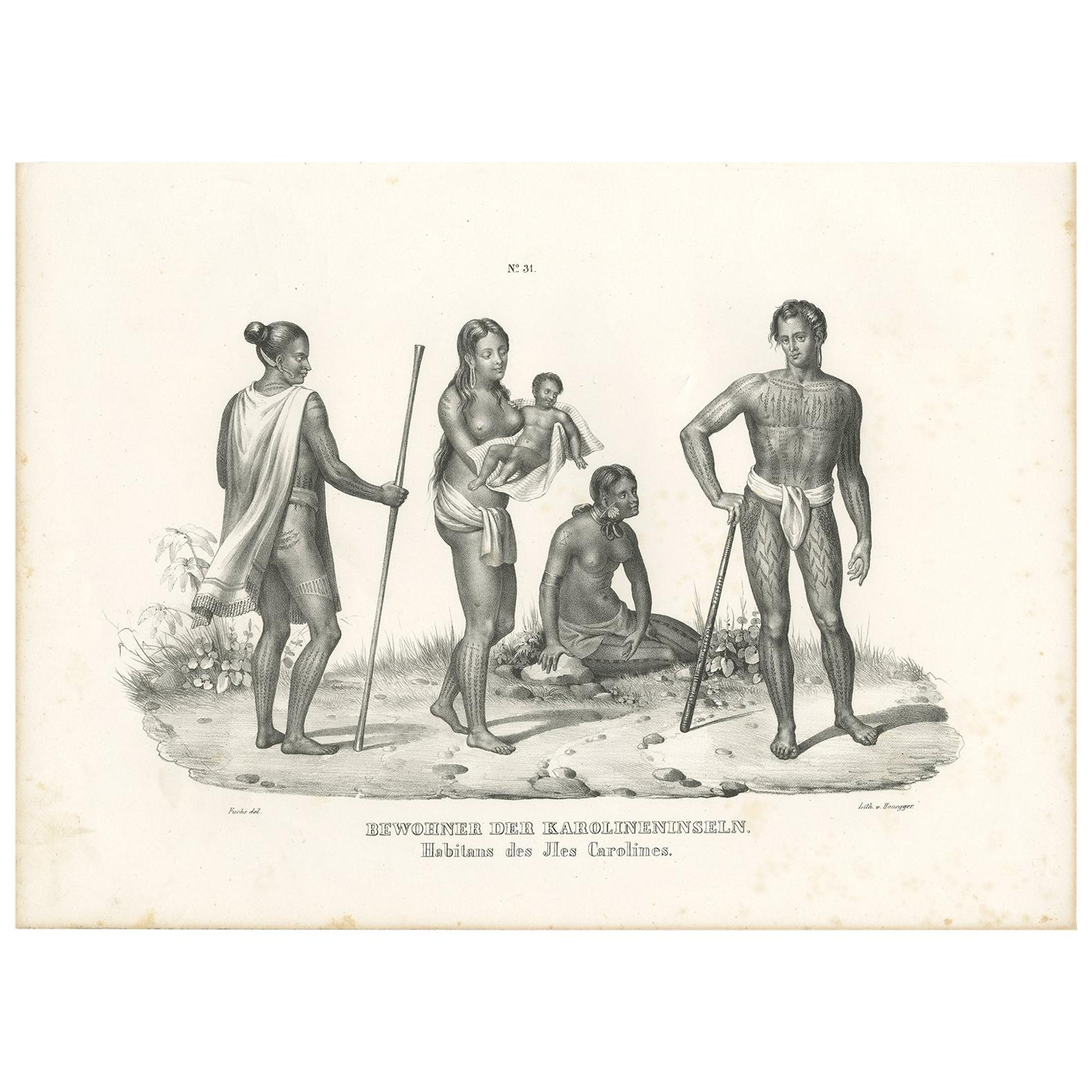 Antique Print of Natives of the Caroline Islands by Honegger, 1836