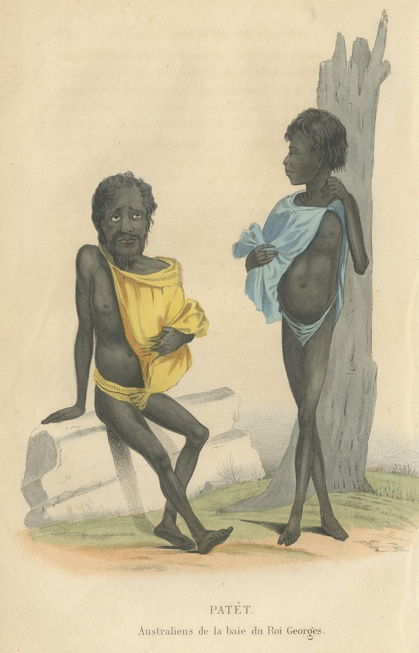 Antique print titled 'Patêt. Australiens de la baie du Roi Georges'. Lithograph of natives of the King George Islands, a subgroup of the Tuamotus Archipelago group in French Polynesia. This print originates from 'Histoire Naturelle de l’homme