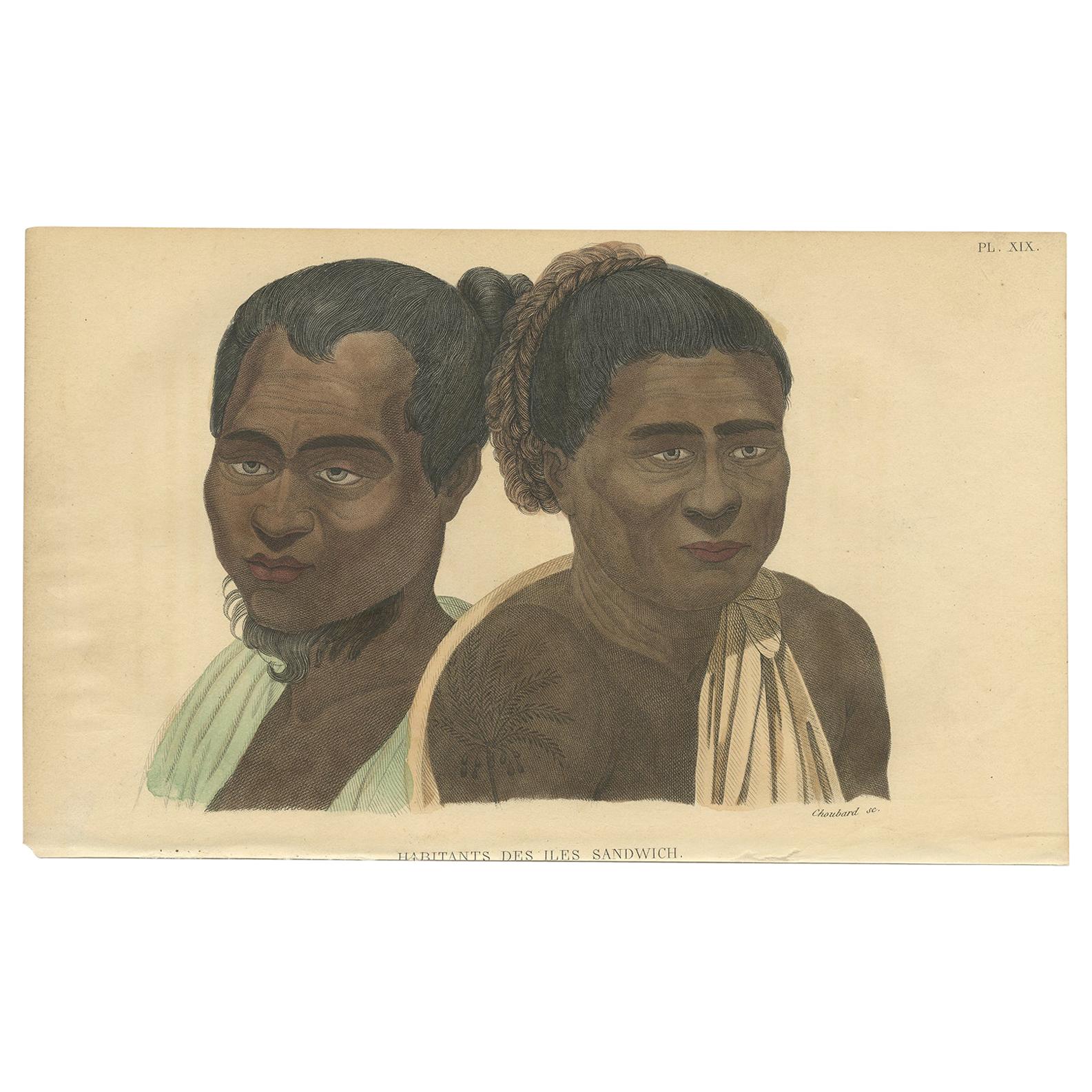 Original Handcolored Antique Print of Natives of the Sandwich Islands