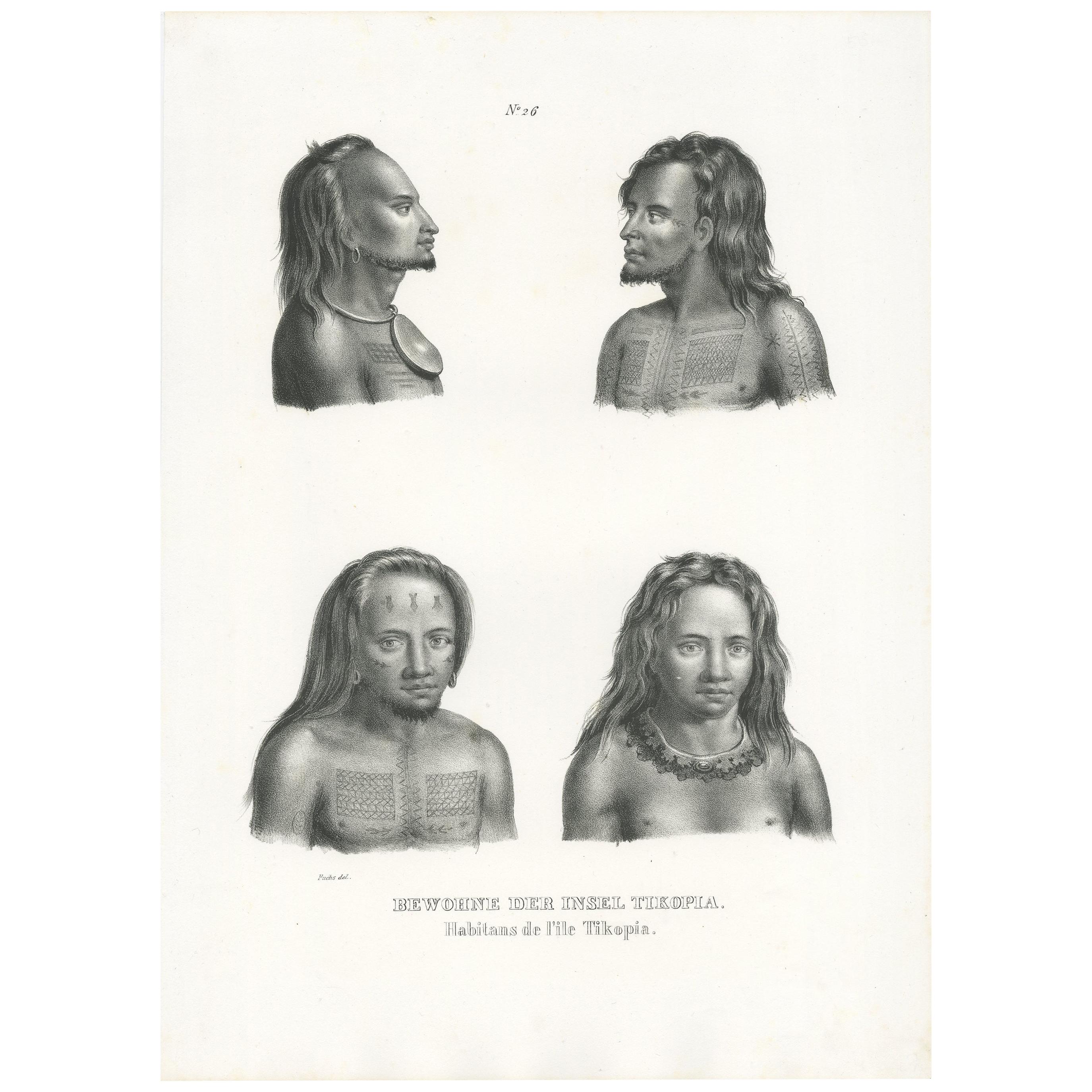 Antique Print of Natives of Tikopia by Honegger, 1845 For Sale