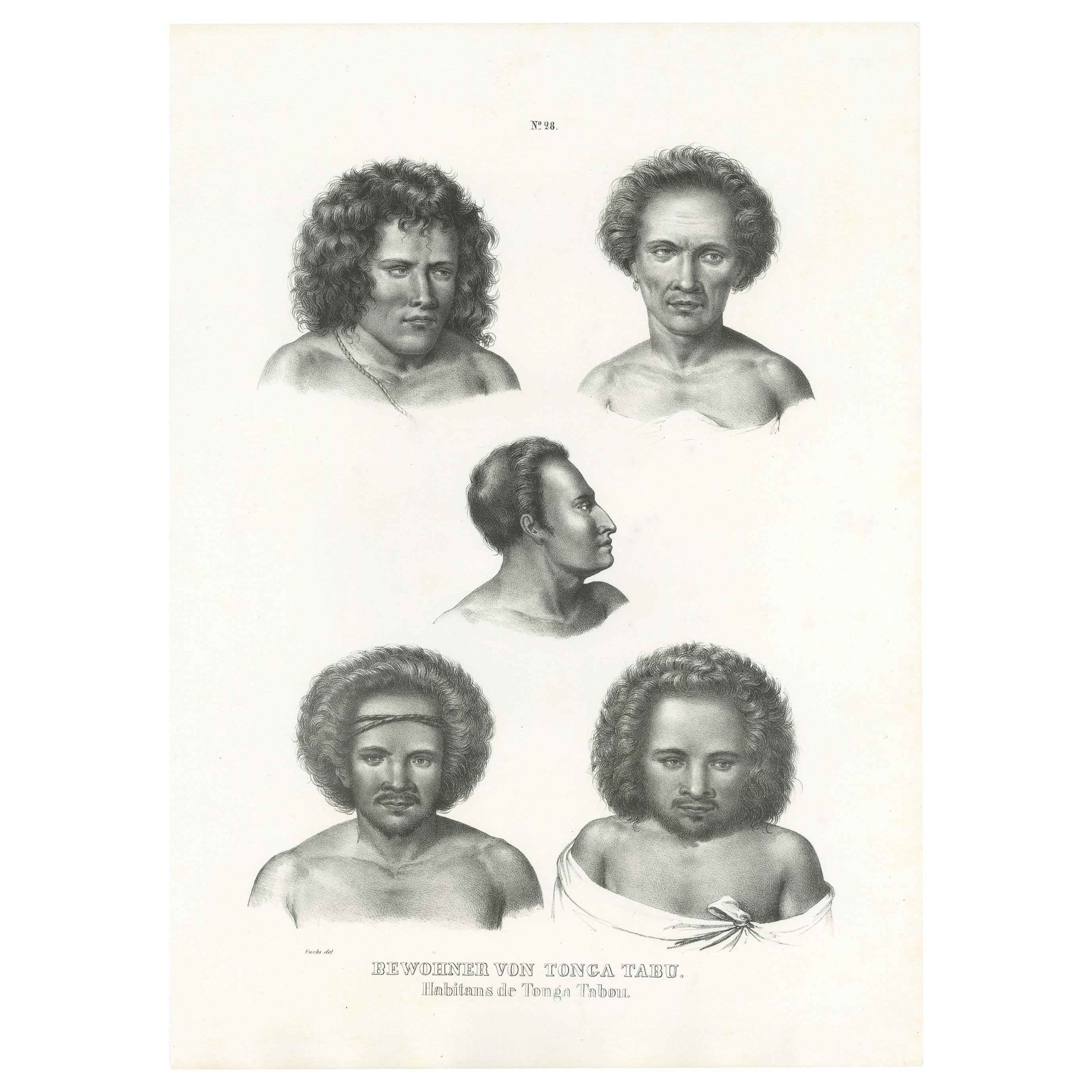 Antique Print of Natives of Tongatapu by Honegger, 1845 For Sale