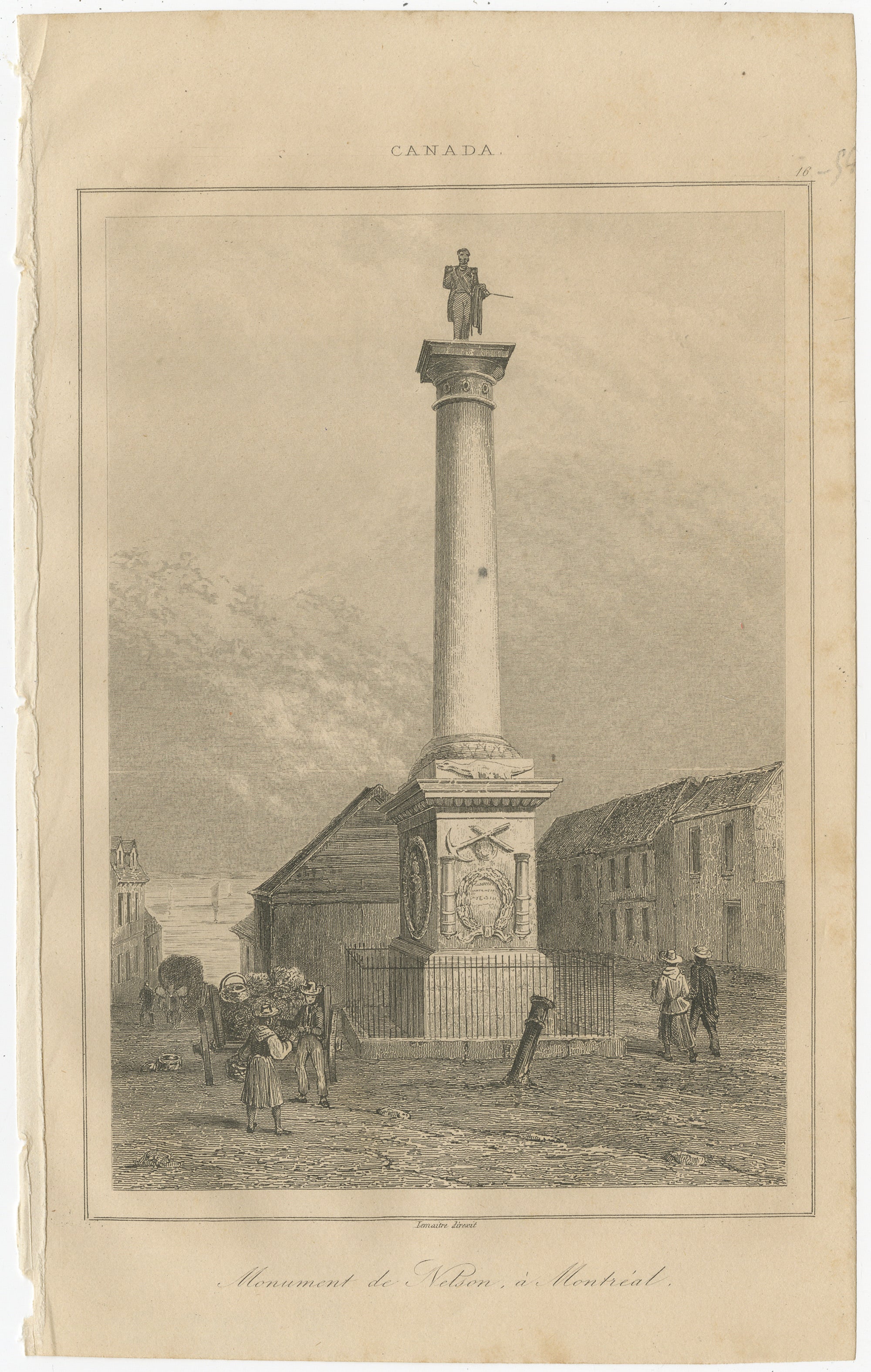 Français Gravure ancienne du monument de Nelson à Montréal - Scène canadienne du XIXe siècle en vente