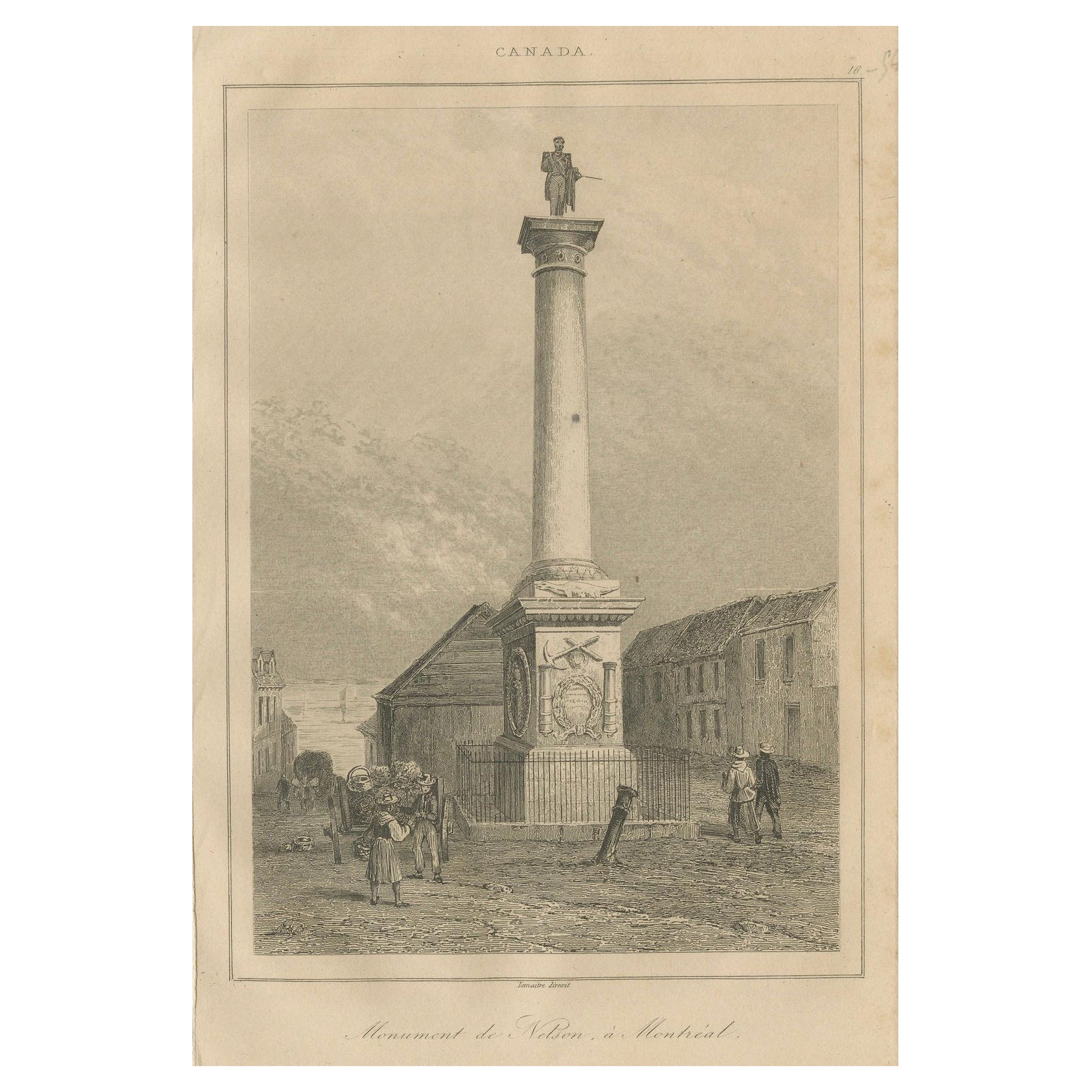 Grabado antiguo del Monumento a Nelson en Montreal - Escena del siglo XIX en Canadá en venta