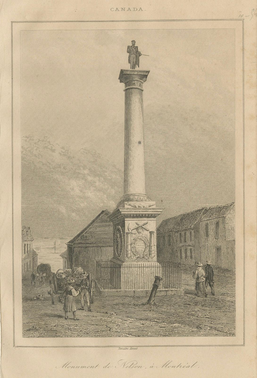 Gravure ancienne du monument de Nelson à Montréal - Scène canadienne du XIXe siècle en vente