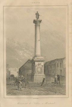 Gravure ancienne du monument de Nelson à Montréal - Scène canadienne du XIXe siècle