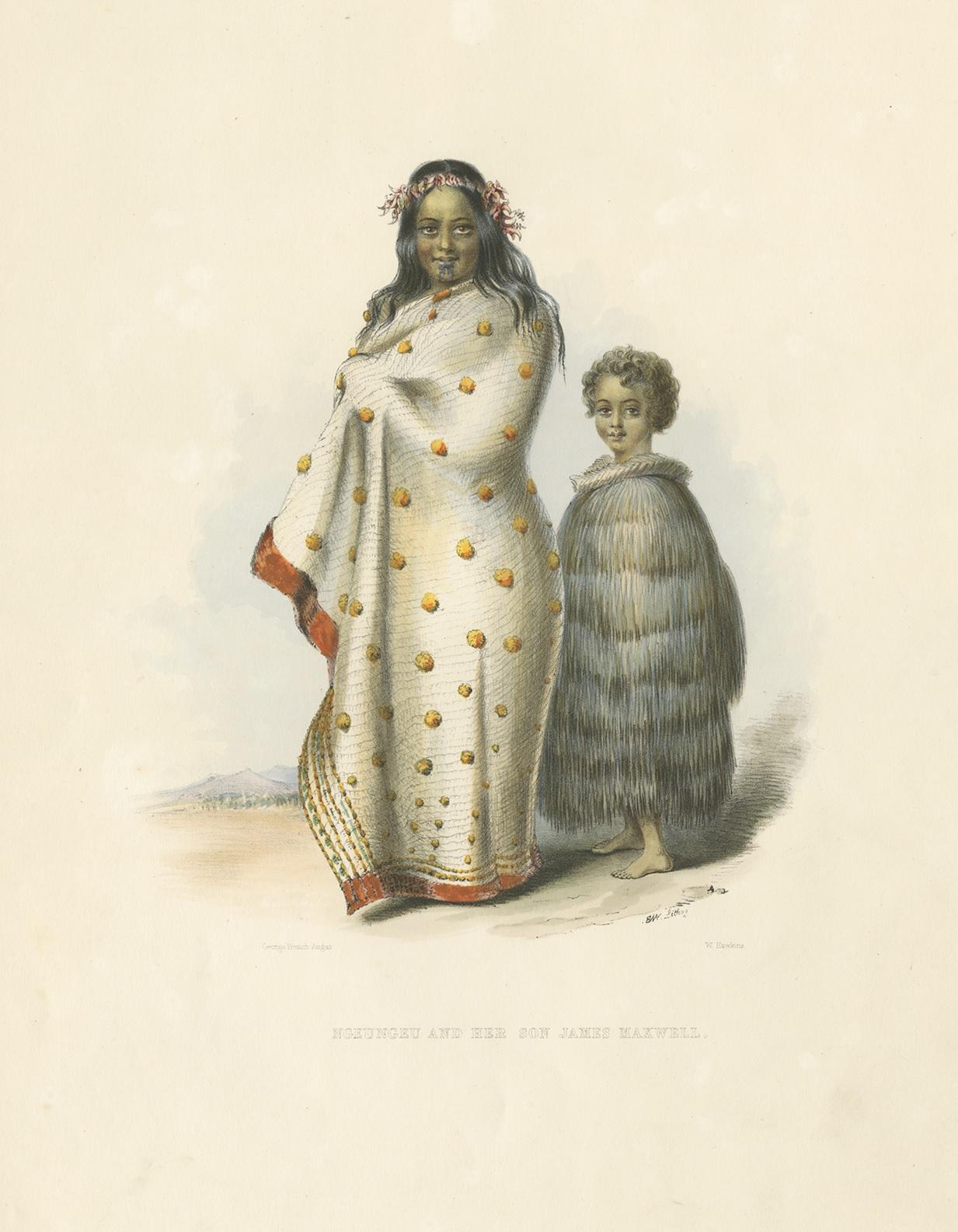 Antique print titled 'Ngeungeu and her son James Maxwell'. Lithograph of Ngeungeu and her son. Ngeungeu is the daughter of Tara, the principal chief of the Nga-ti-tai tribe, and was married to Thomas Maxwell, an industrious and enterprising settler.