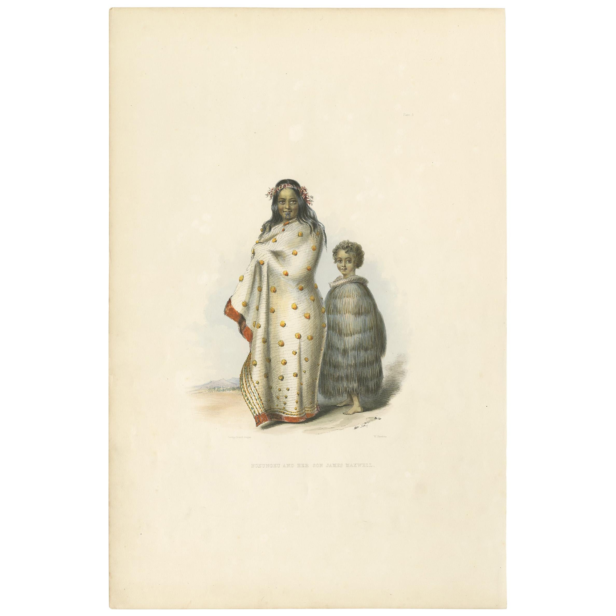 Antiker Druck von Ngeungeu und ihrem Sohn von Angas, '1847'