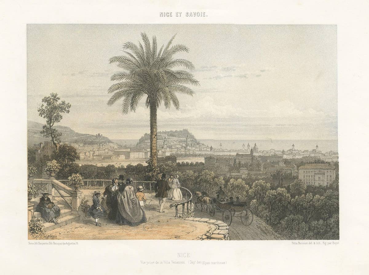Antique Print of Nice Near Villa Venanson Near Nice in France, c.1865