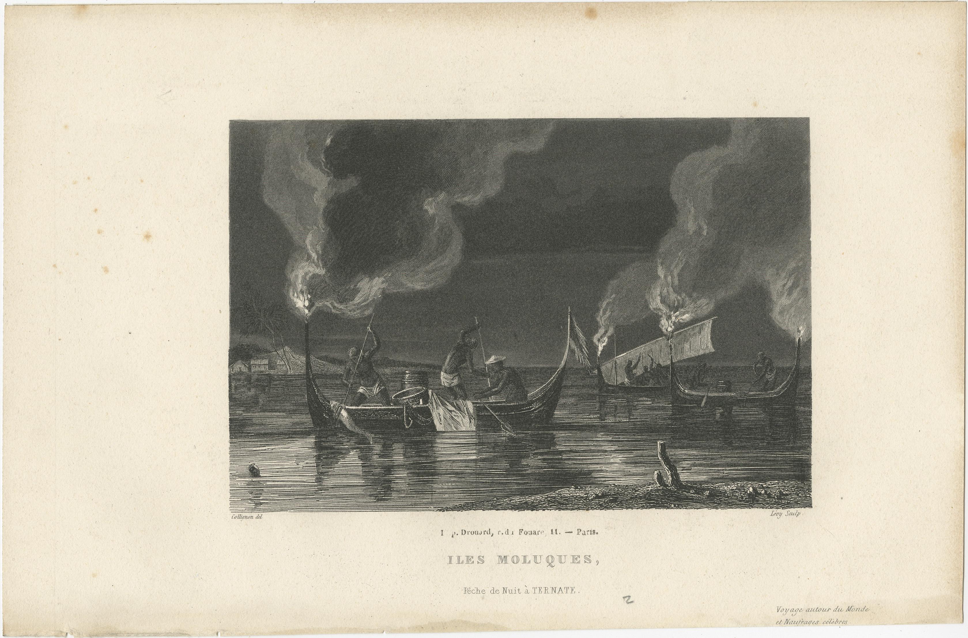 Antique print titled 'Iles Moluques, Pêche de Nuit à Ternate'. This print shows night fishing near Ternate, Indonesia, Maluku islands. Published circa 1850.