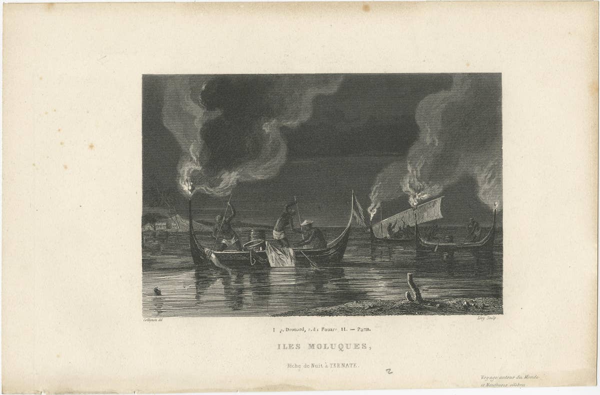 Antique Print of Night Fishing Near Ternate, Indonesia, Maluku Islands