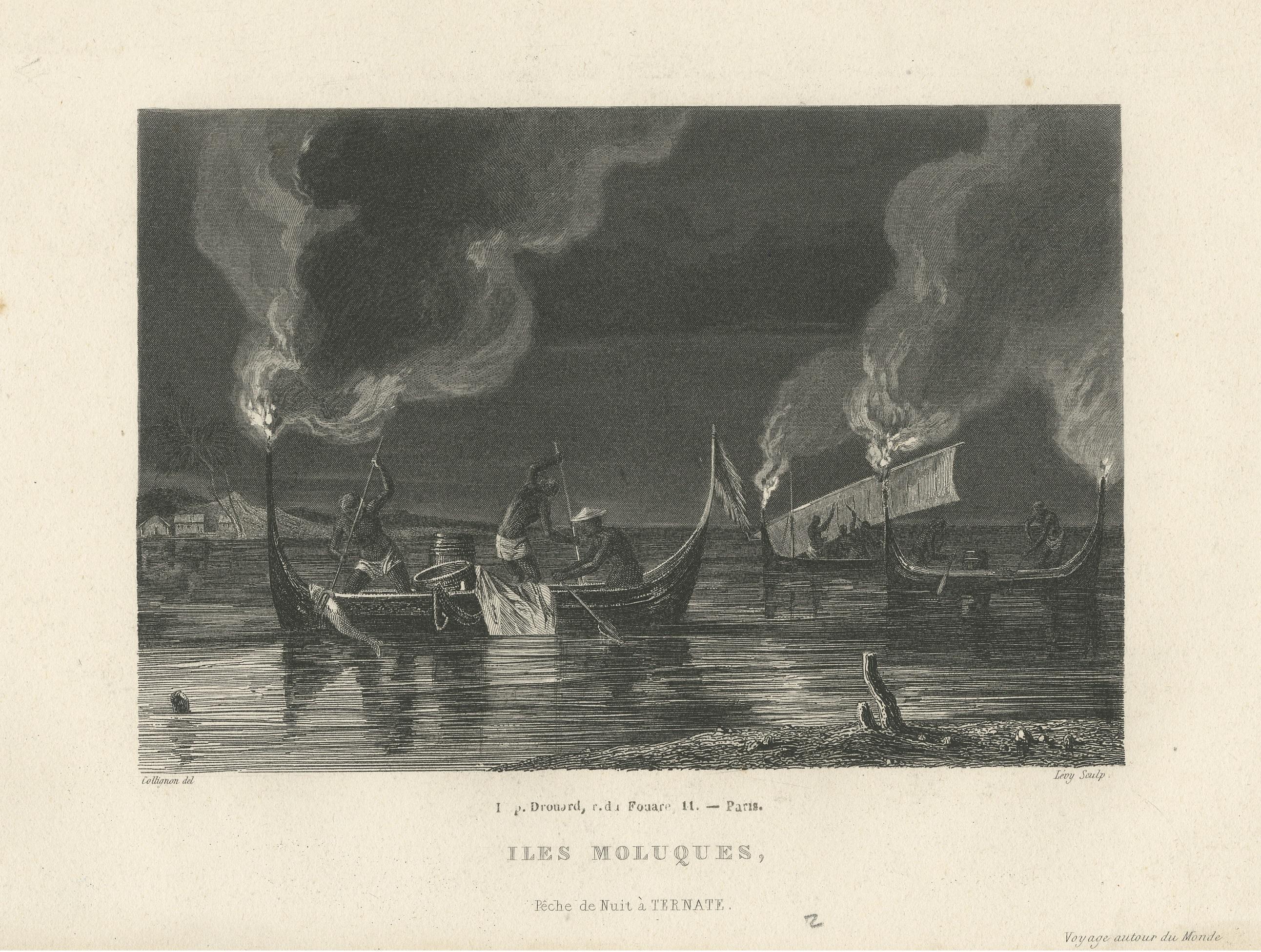 Antique Print of Night Fishing Near Ternate, Indonesia, Maluku Islands In Good Condition For Sale In Langweer, NL
