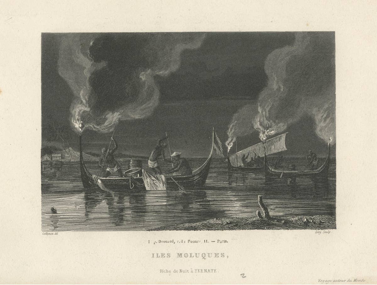 Antique Print of Night Fishing Near Ternate, Indonesia, Maluku Islands