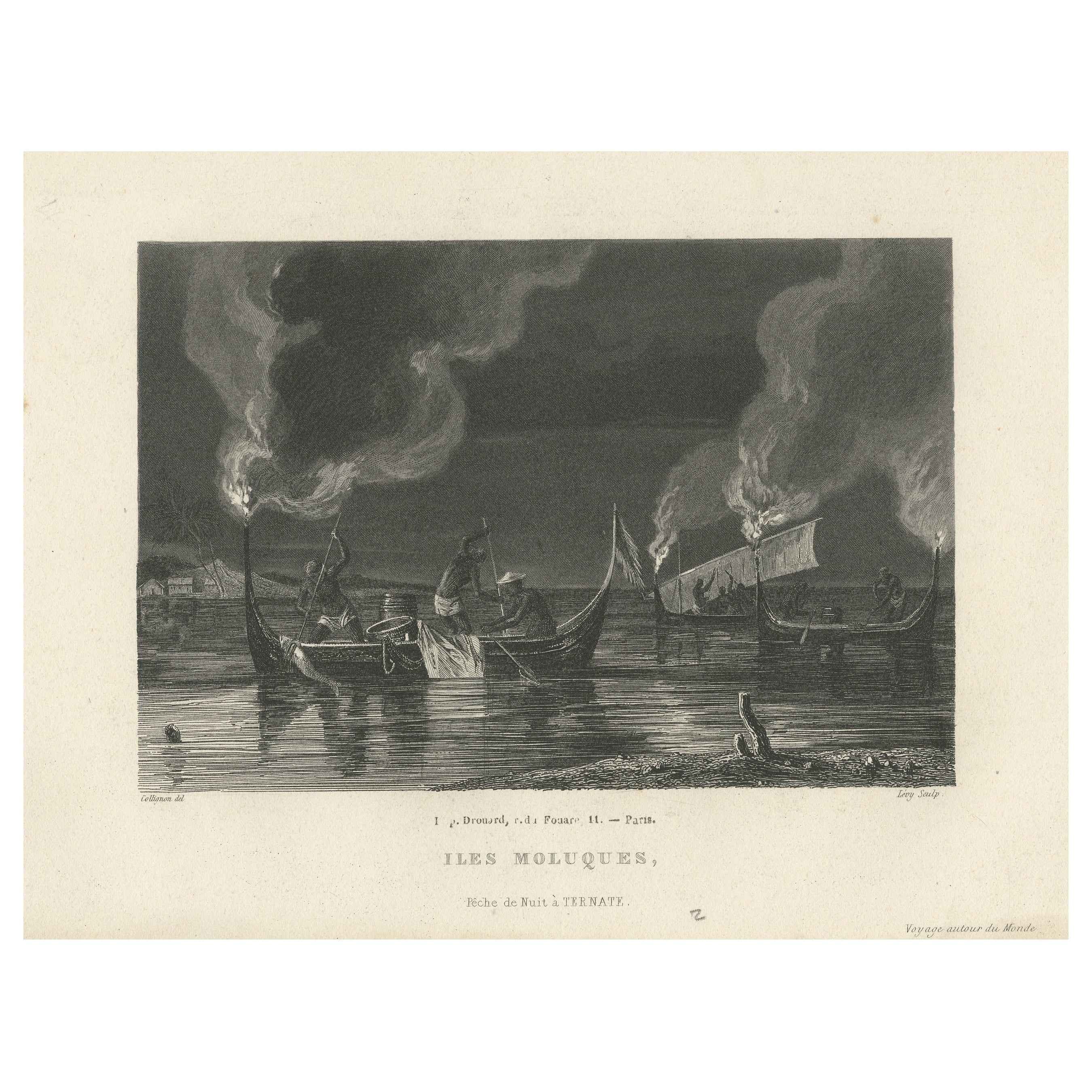 Antique Print of Night Fishing Near Ternate, Indonesia, Maluku Islands For Sale