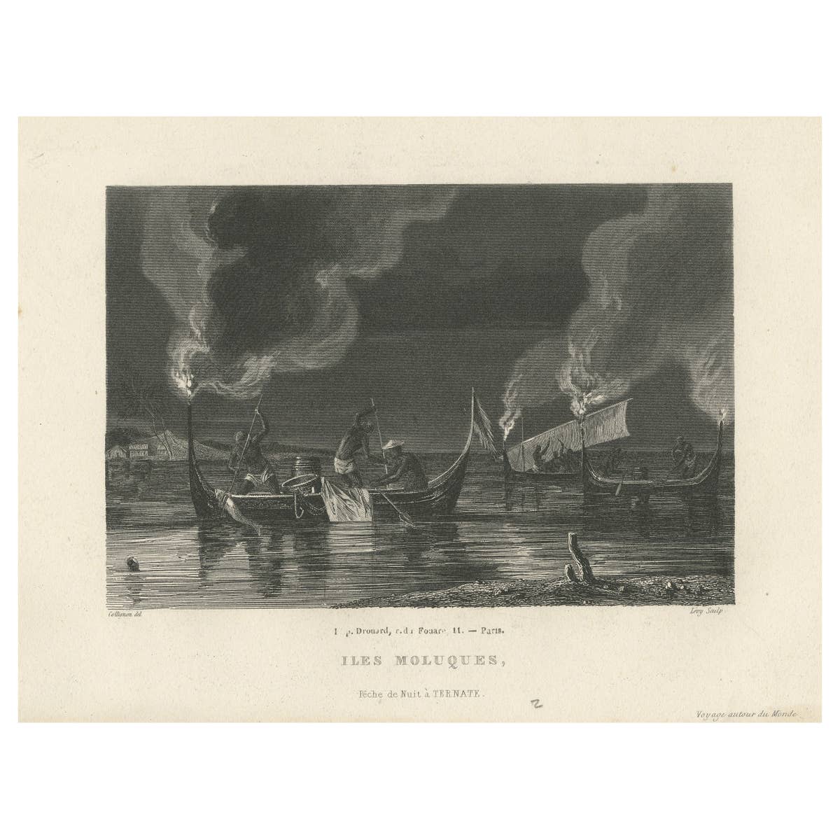 Antique Print of Night Fishing Near Ternate, Indonesia, Maluku Islands