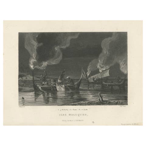 Antique Print of Night Fishing Near Ternate, Indonesia, Maluku Islands