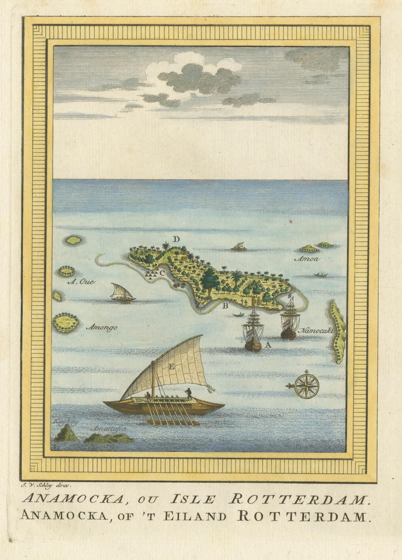 Antique print titled 'Anamocka, ou Isle Rotterdam, Anamocka, of 't Eiland Rotterdam'. View of Nomuka island, part of the Ha?apai group of islands in the Kingdom of Tonga. This print originates from volume 18 of 'Historische beschryving der reizen