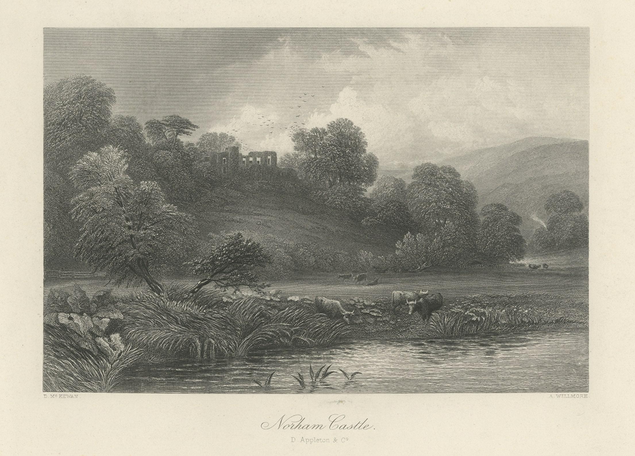 Paper Antique Print of Norham Castle in Northumberland, England, near the River Tweed For Sale