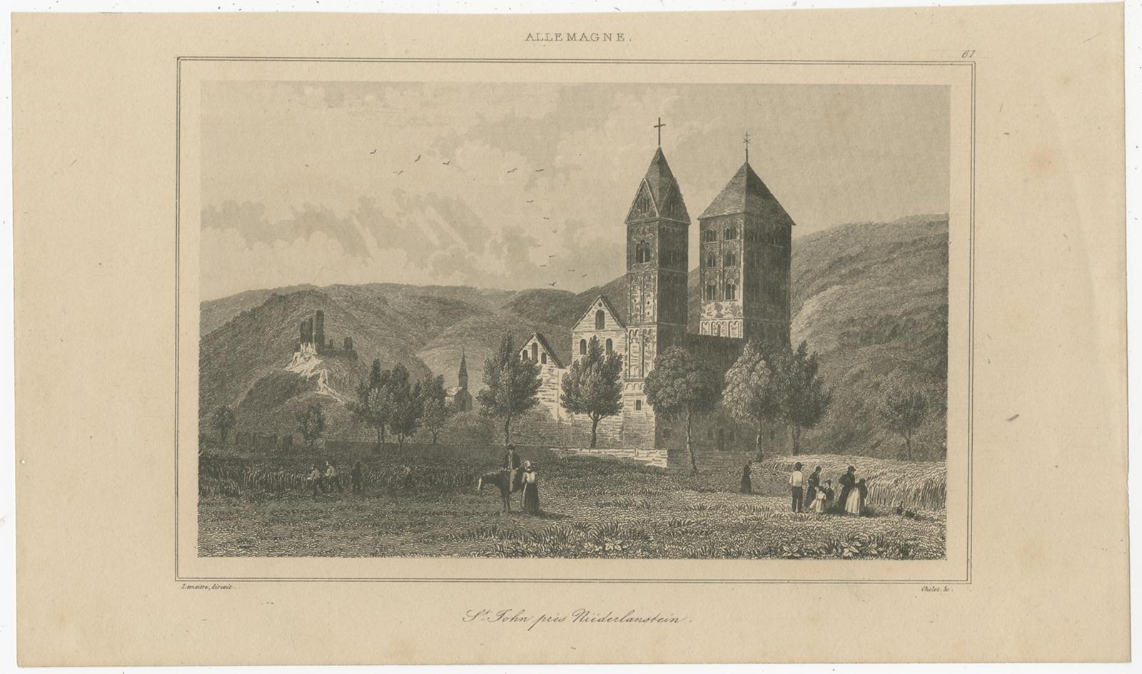 Antique print titled 'St. John près Niederlandstein'. View of St John's Church near Niederlahnstein, Germany. Originates from 'L'Univers Pittoresque' published by Firmin Didot Freres, Paris, 1838.