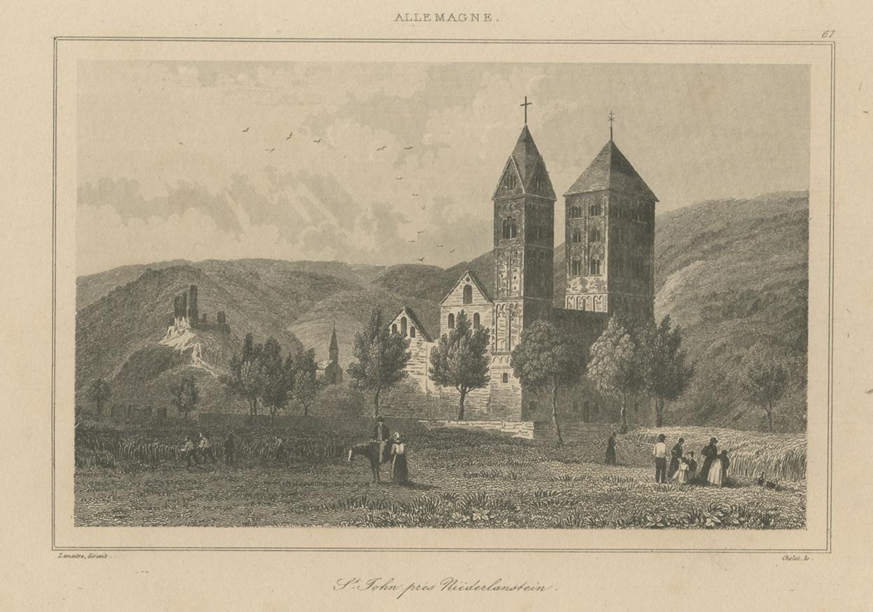 Antique Print of of St John's Church near Niederlahnstein, Germany In Fair Condition For Sale In Langweer, NL