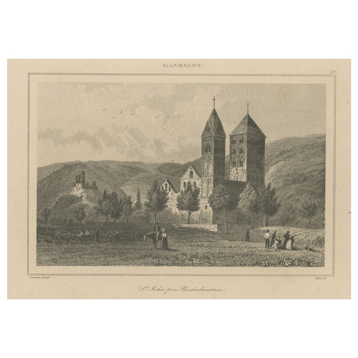 Stampa antica della Chiesa di St. Johns vicino a Niederlahnstein, Germania in vendita
