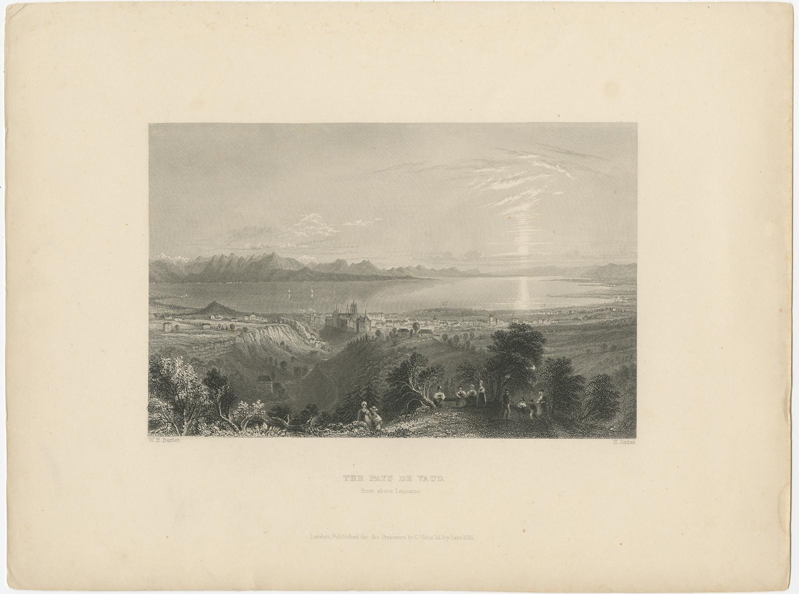 Antique print titled 'The Pays de Vaud from above Lausanne'. View of Vaud, from Lausanne, Switzerland. Overlooking the city and Lake Geneva. Originates from W. Beattie's 'Switzerland', published 1836.