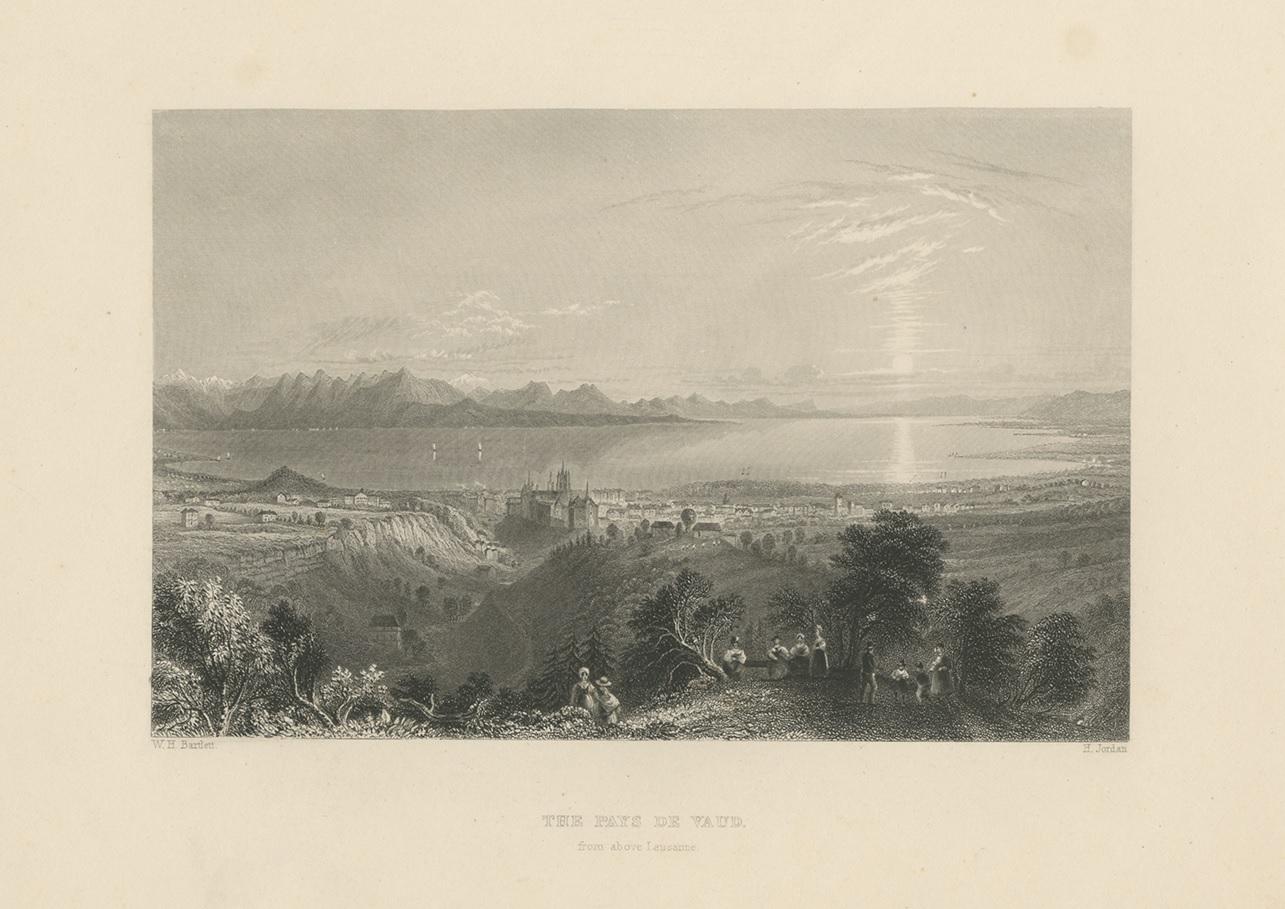 Antique Print of of Vaud, from Lausanne, Switzerland In Good Condition For Sale In Langweer, NL