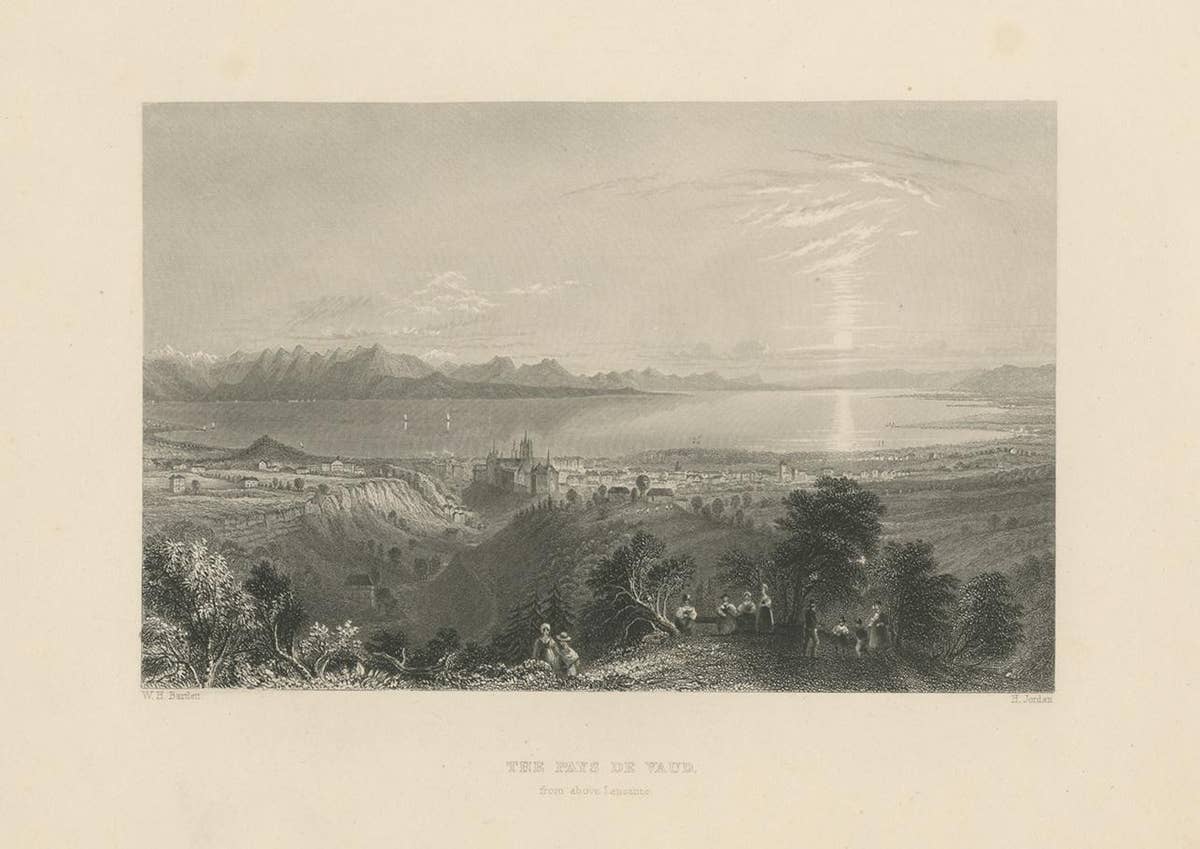Antique Print of of Vaud, from Lausanne, Switzerland