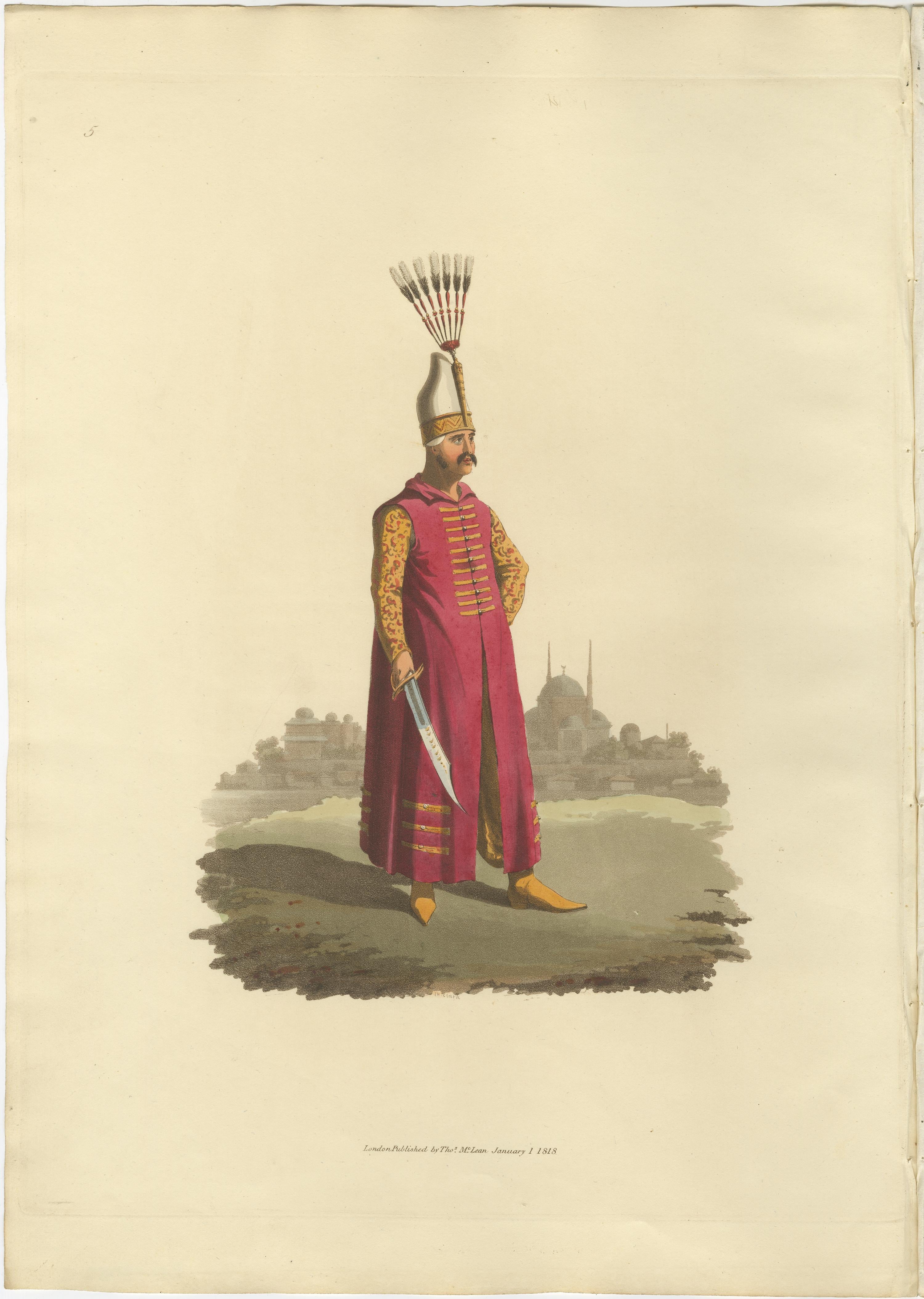 
This print is from 'The Military Costume of Turkey. Illustrated by A Series of Engravings. From Drawings made on the Spot. Dedicated by Permission to His Excellency the Minister of the Ottoman Porte to his Britannic Majesty.'

London, Published by