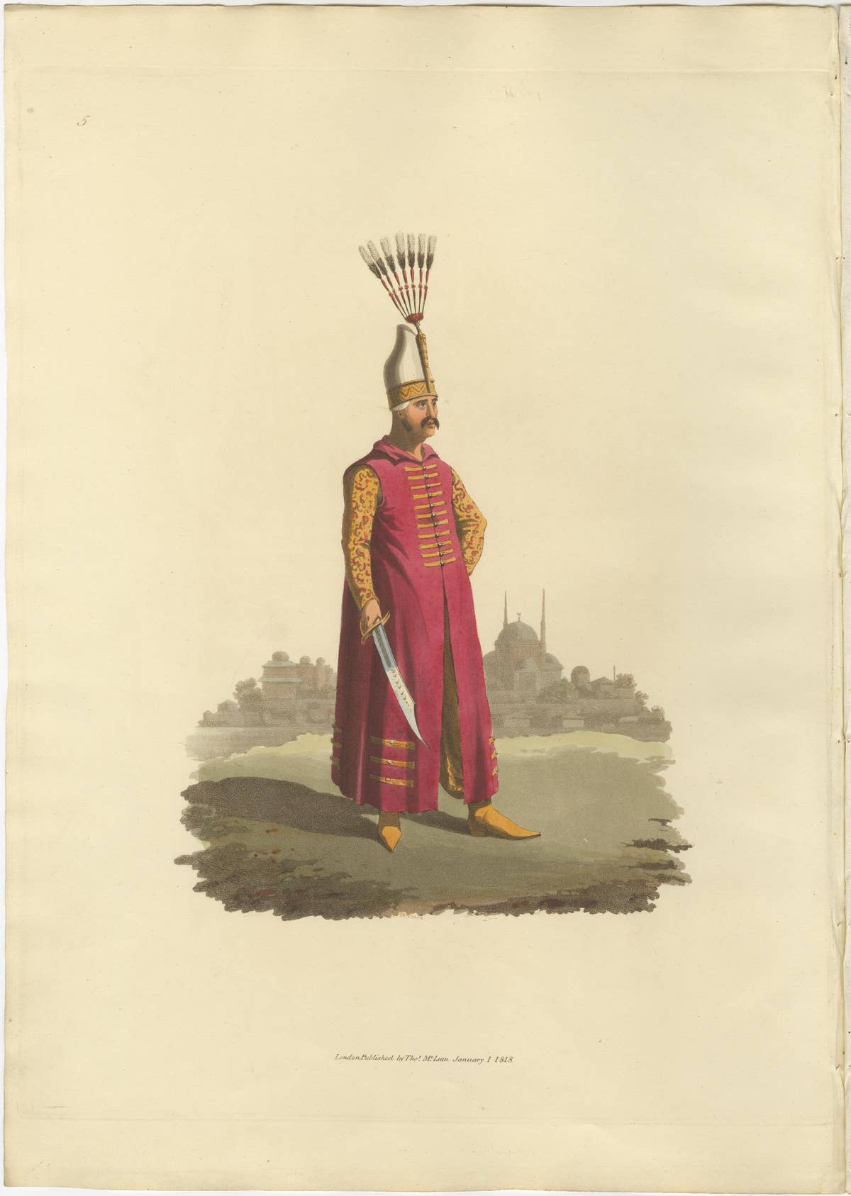 Antique Print of Officer of Janizaries, The Military Costume of Turkey, 1818