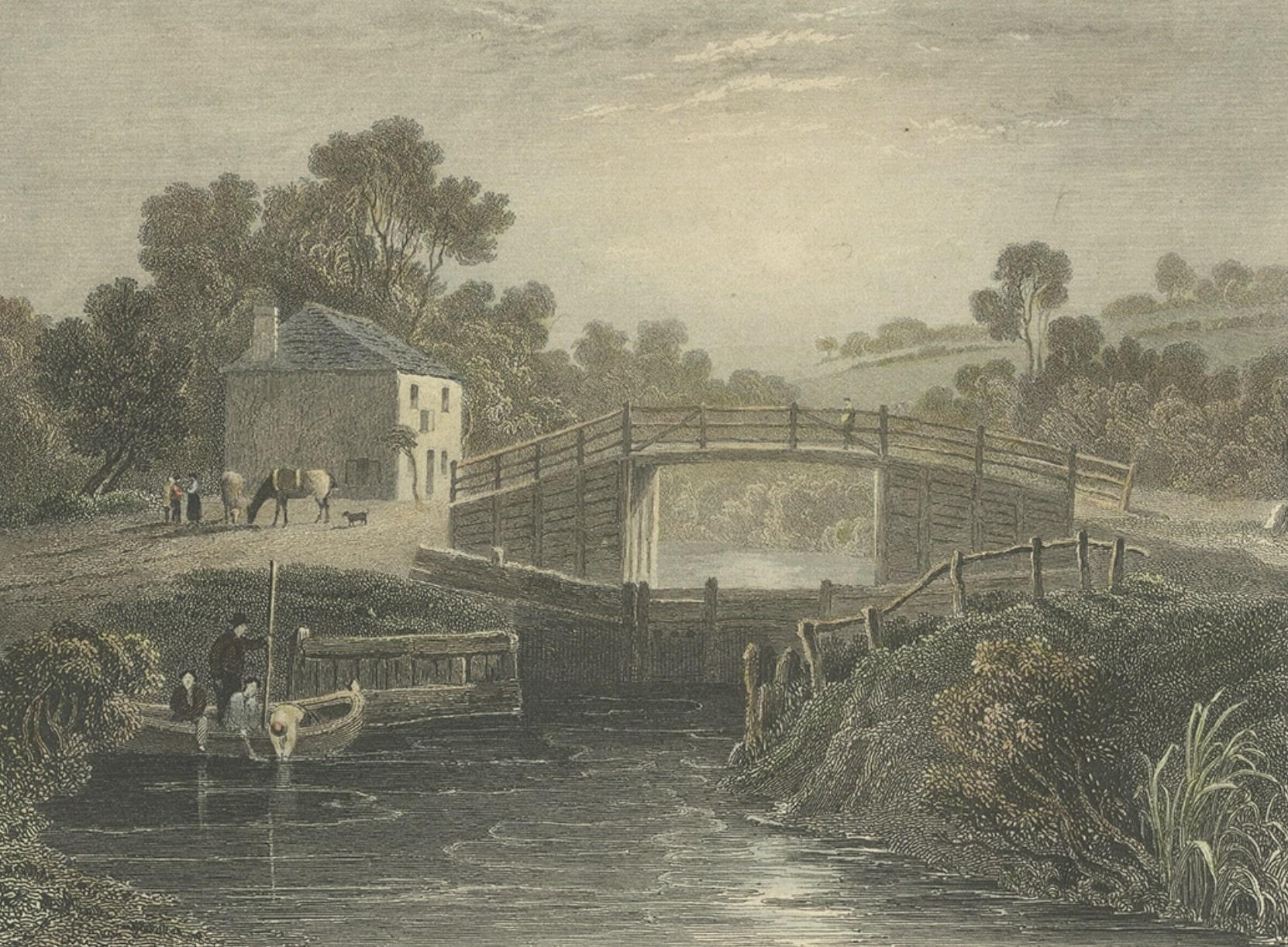 Paper Antique Print of Old Windsor Lock, on the River Thames in England, 1834 For Sale