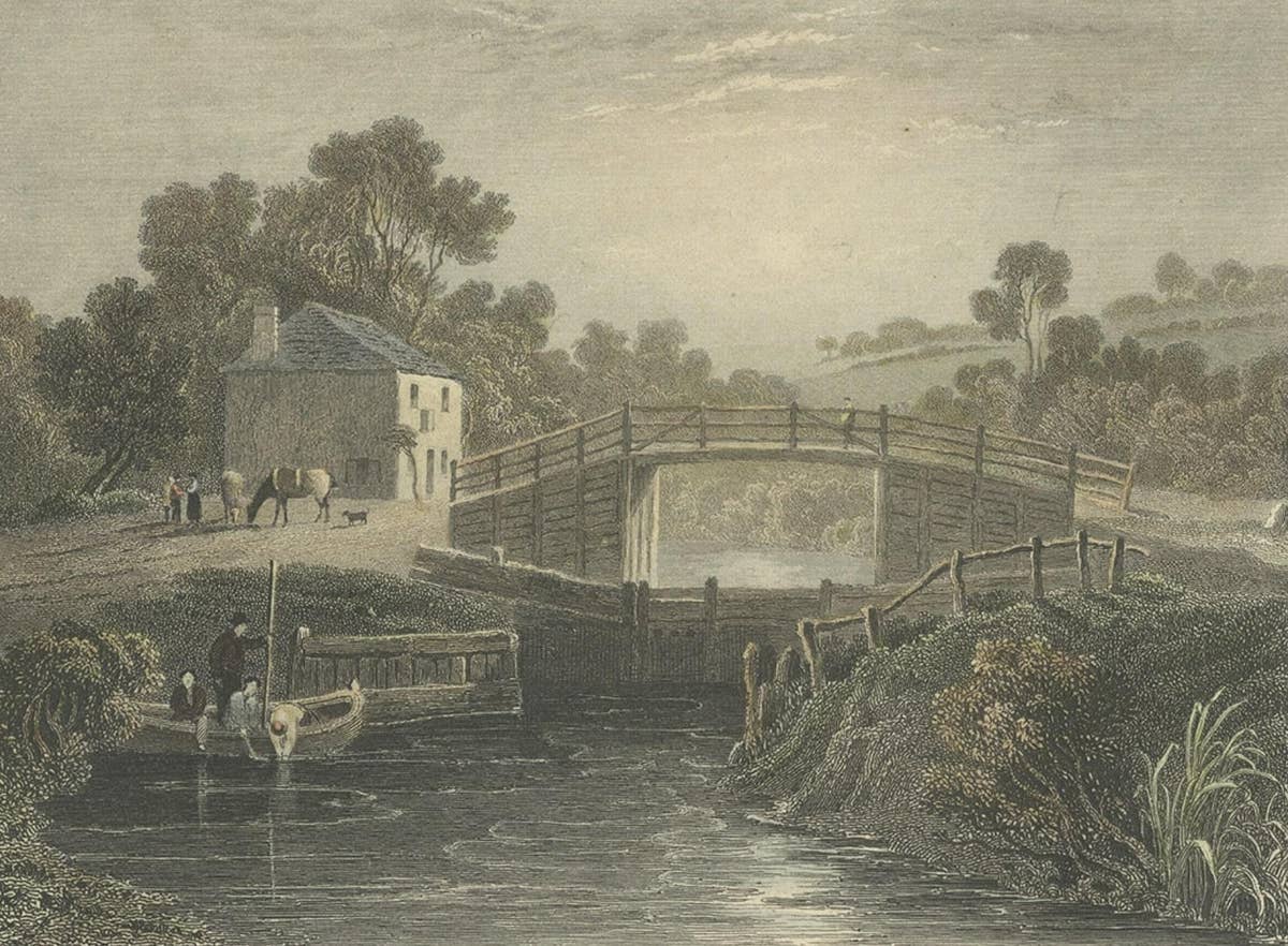 Antique Print of Old Windsor Lock, on the River Thames in England, 1834