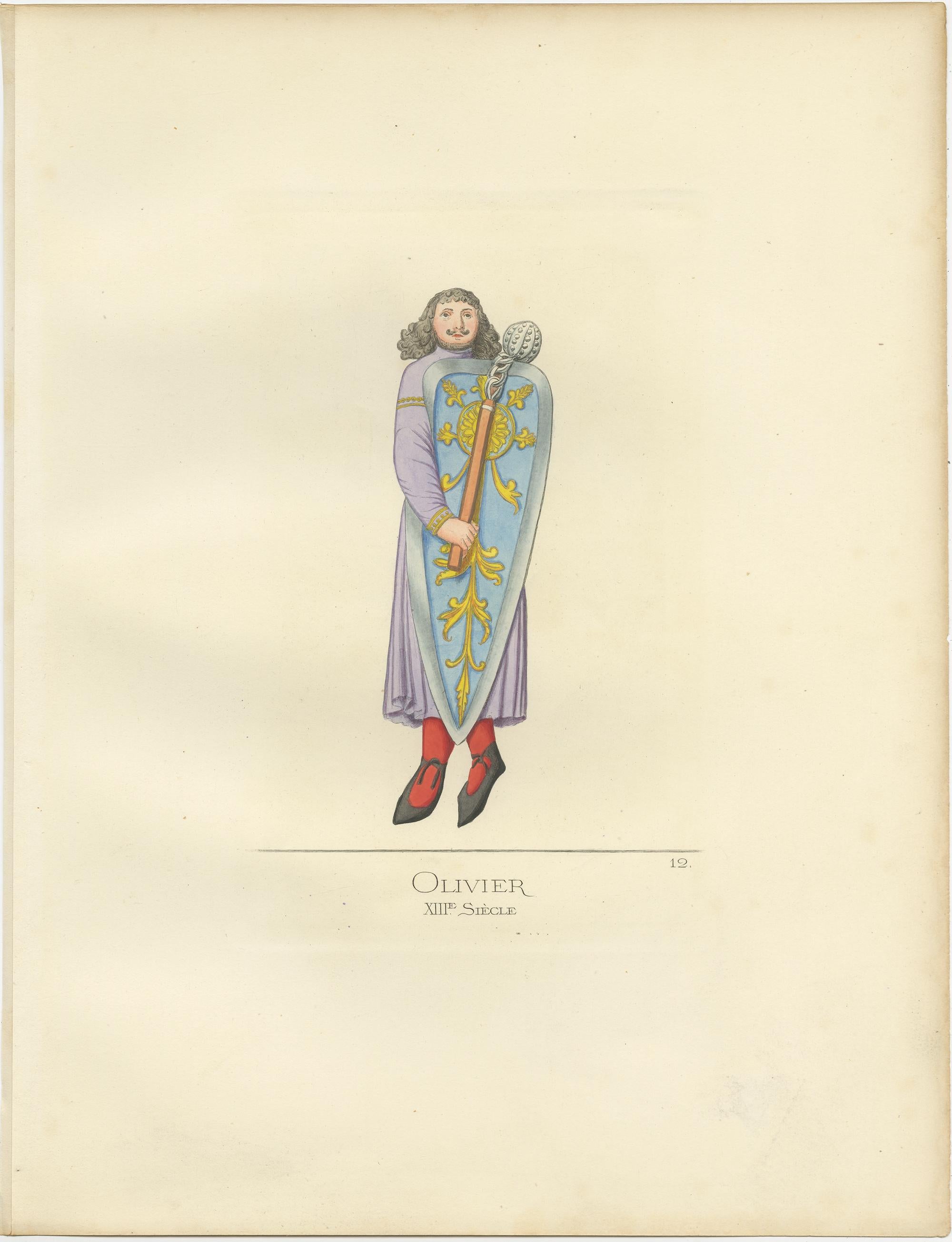 Antique print titled ‘Olivier, XIIIe Siecle.’ Original antique print of Oliver, a fictional knight. This print originates from 'Costumes historiques de femmes du XIII, XIV et XV siècle' by C. Bonnard. Published 1860.